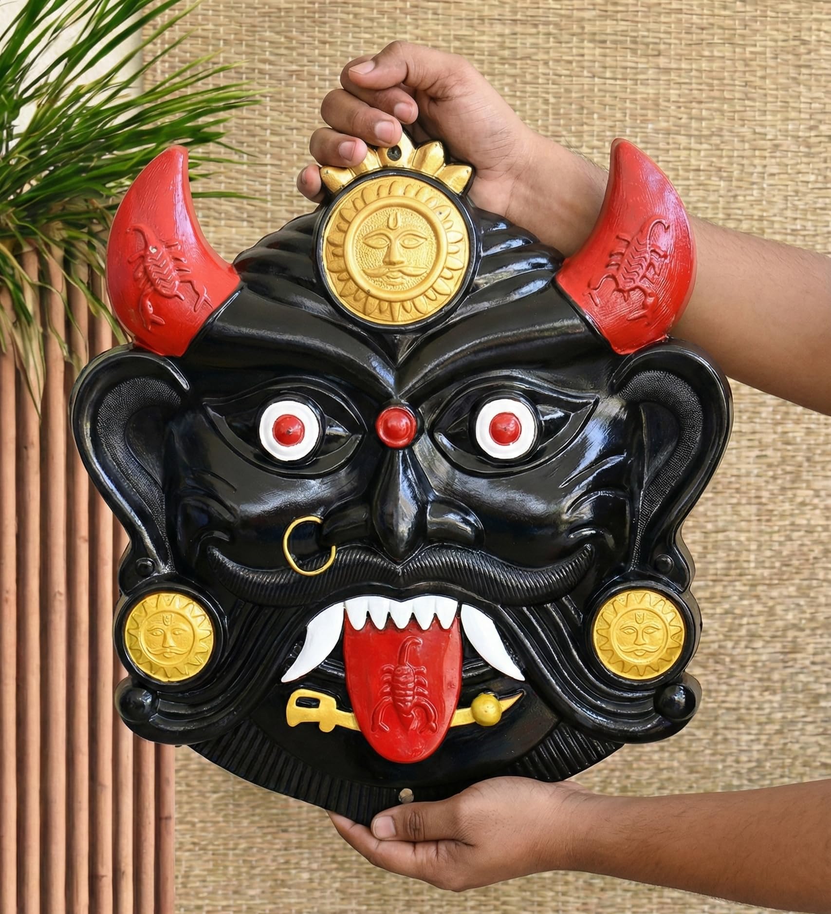 Nazar Battu for Home Entrance Row House Gate | Black 18 Inch X-Large | Hard Plastic | Mahakal Mask Wall Hanging | Evil Eye Protector | Najar Raksha Kavach | Kirti Mukha | Mfg By Nostalgic