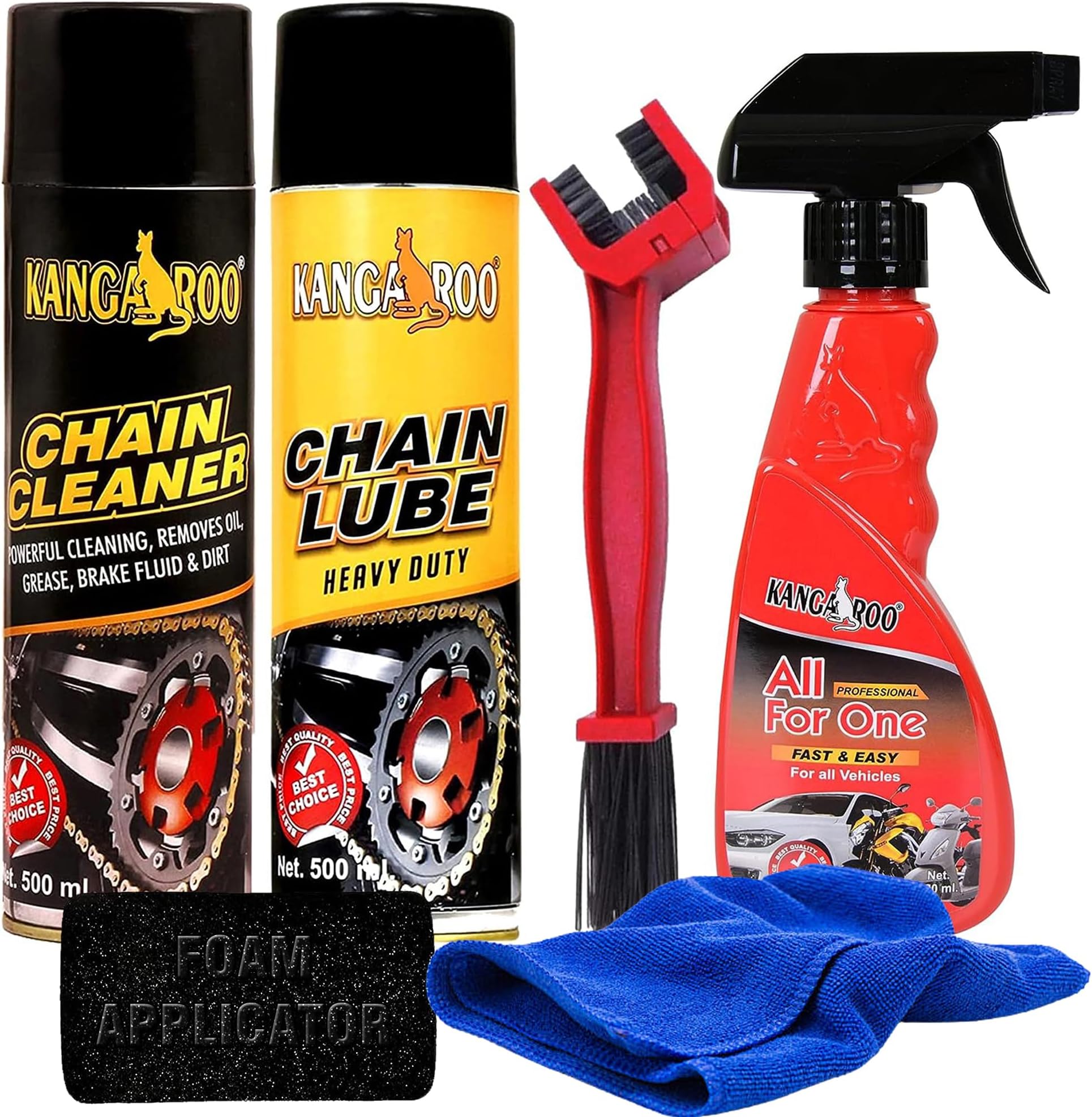 Chain Lube Spray & Chain Cleaner Lubricant Spray(500 Ml Each) with Chain Cleaner Brush Car and Bike Polish Shiner(200 Ml) 1 Microfiber Cloth with Foam Applicator.