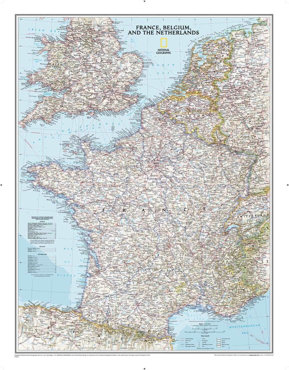 National Geographic France, Belgium, and The Netherlands Wall Map - Classic - Laminated (23.5 x 30.25 in) (National Geographic Reference Map)
