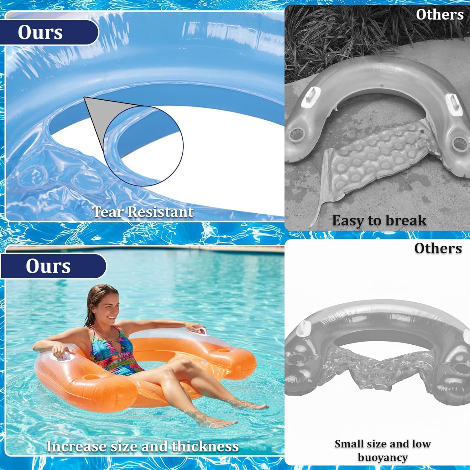 Inflatable Pool Floats Adult, 4 Pack Pool Floaties Chair Floats Loungers for Swimming Pools Floating Lounger with Cup Holders & Handles Toy Party Floaties for Pool Party, Lake, River, Sea, Outdoor