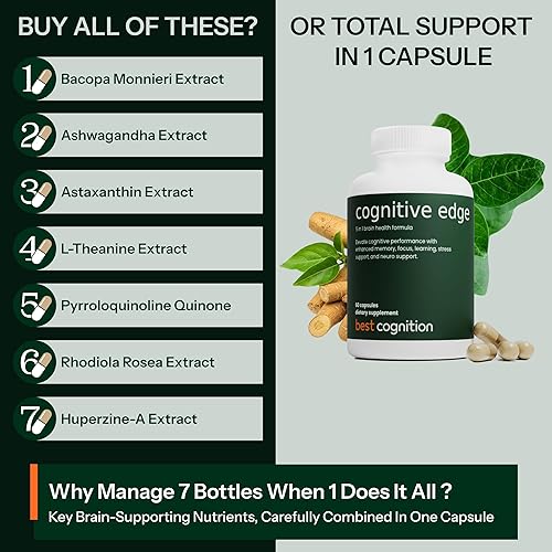 Miniatura 4 de Suplemento natural de apoyo cerebral - Memoria, enfoque, estrés, relajación - Ashwagandha, L-teanina, astaxantina, rodiola, PQQ - 60 cápsulas de