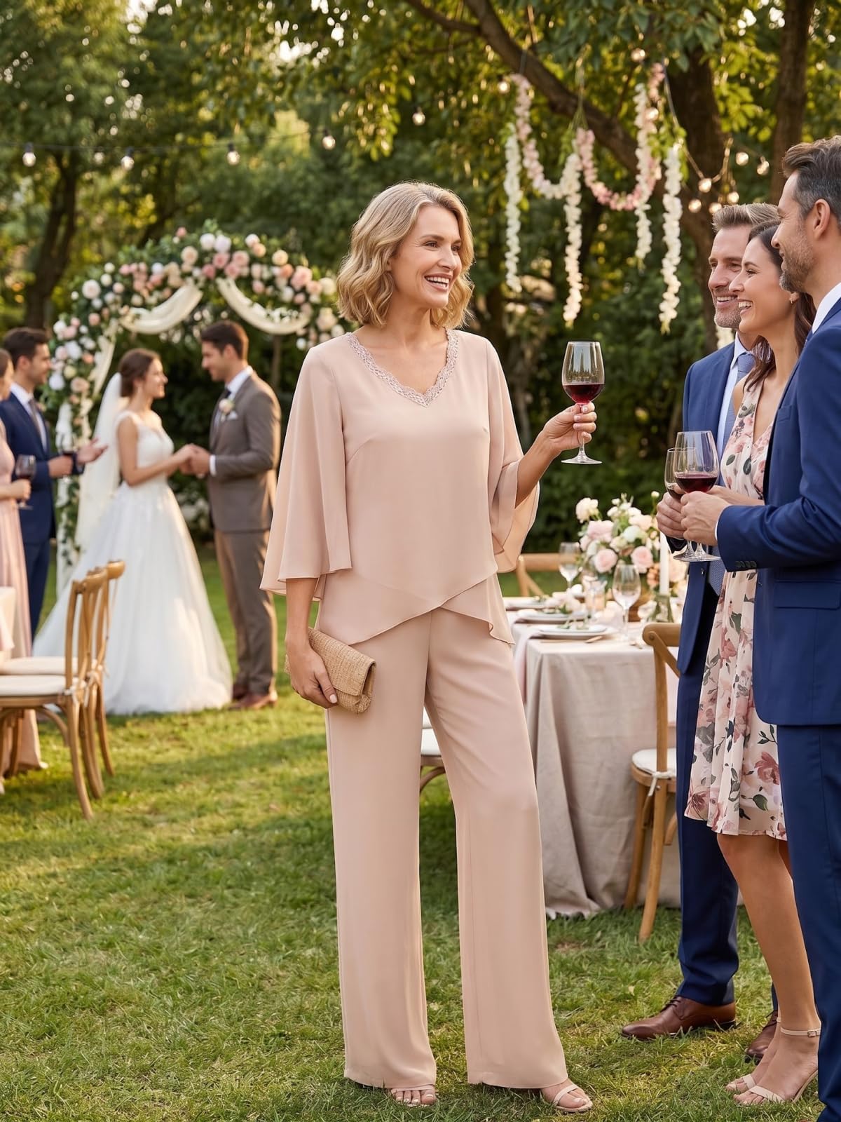 Hosenanzug Damen Festlich Hochzeit Elegant Chiffon 2 Teiler Spitze Brautmutter Hosenanzüge Rüschen 3/4 Ärmel Formelle Abend Hosen Set