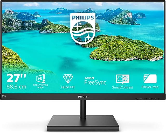 Philips 275E1S - 27 Inch QHD Monitor,75Hz, 4ms, IPS, AMD FreeSync, FlickerFree, SmartImage (2560 x 1440, 250 cd/m², HDMI/VGA/DP)