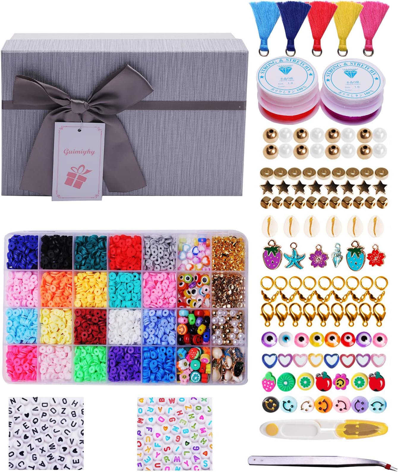 Clay Beads Clay Charms 4500+ Pcs 28 Grid 6mm Flat Round Polymer Clay Spacer Beads with Pendant Charms and 4 Roll Elastic Strings for DIY Jewelry Making Bracelets Necklace DIY Mobile Phone Strap