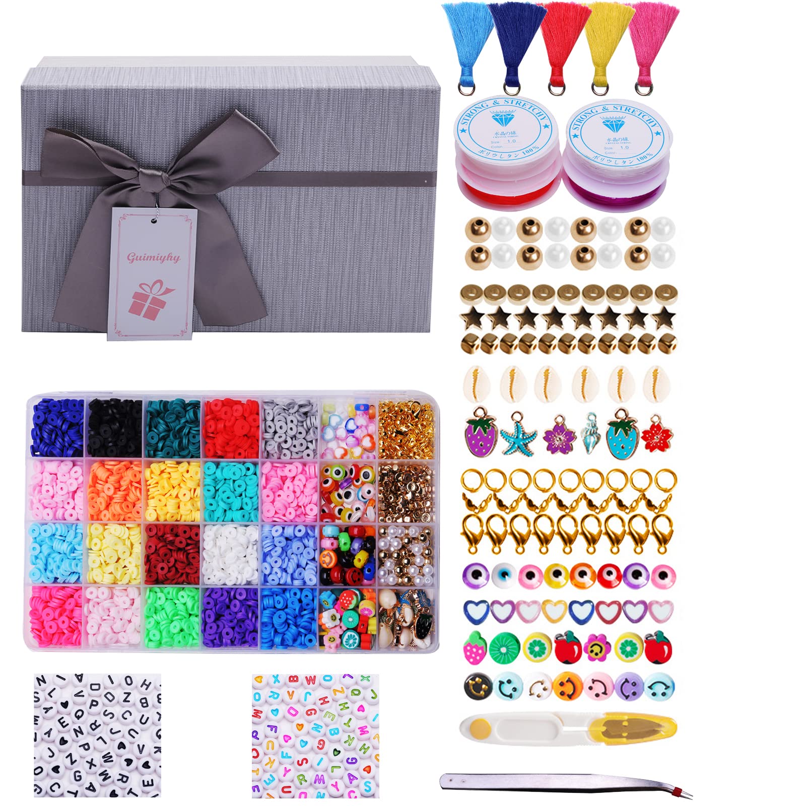 Clay Beads Clay Charms 4500+ Pcs 28 Grid 6mm Flat Round Polymer Clay Spacer Beads with Pendant Charms and 4 Roll Elastic Strings for DIY Jewelry Making Bracelets Necklace DIY Mobile Phone Strap