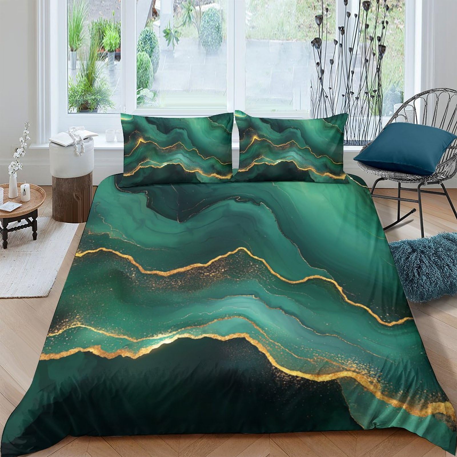 Ctjqhvkz Style-4 3D Printed Emerald Marble Fitted Sheet Microfiber Soft Gold Vein Bed Cover For Bedroom Guest Room Protection Decor Single（135X200cm）