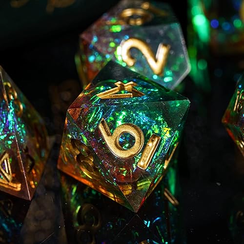 Miniatura 2 de CRITALLIC Dados DND de bordes afilados, 7 dados poliédricos de galaxia con inclusiones de purpurina, dados D&D hechos a mano para juegos de mesa de
