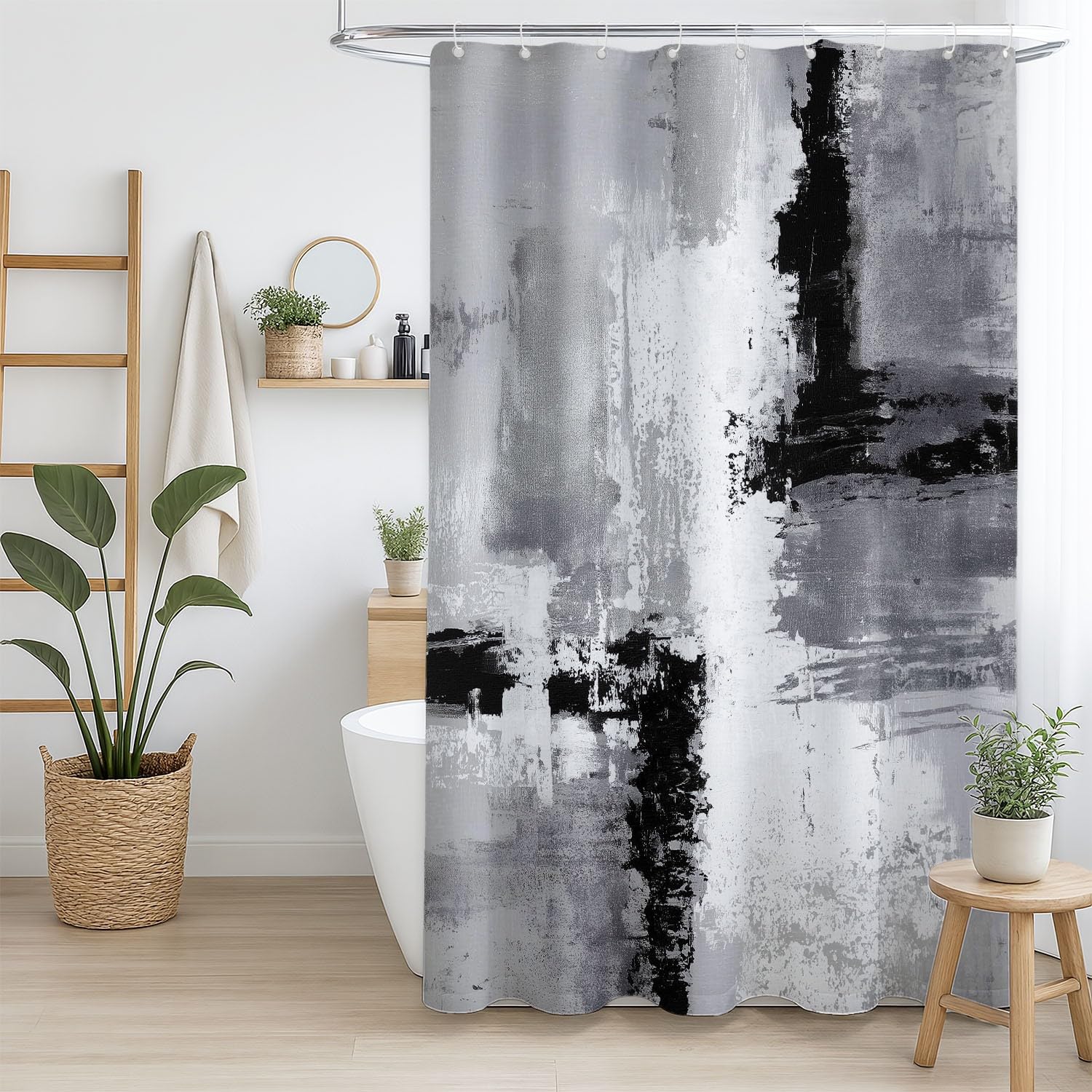 Zasłona prysznicowa 240 x 200 cm, 1 panel, miękka mikrofibra, wodoodporna i odporna na pleśń, nadaje się do prania, do łazienki, wanny, z oczkami i haczykami, szara, abstrakcyjna, przemysłowe bloki