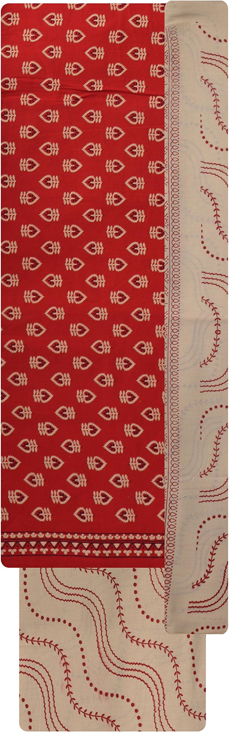 Women's Cotton Unstitched Dress Material (Red and Beige)