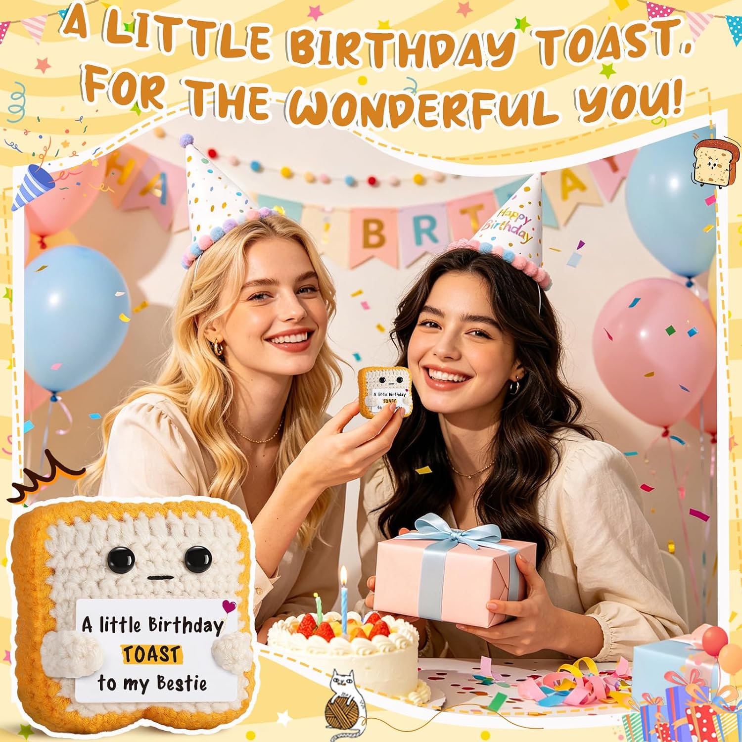 Handmade Crochet Toast Bestie Birthday Gifts for Women | Funny Birthday Cards for Best Friend Soul Sister Roommates Mini Friendship Gifts for BFF