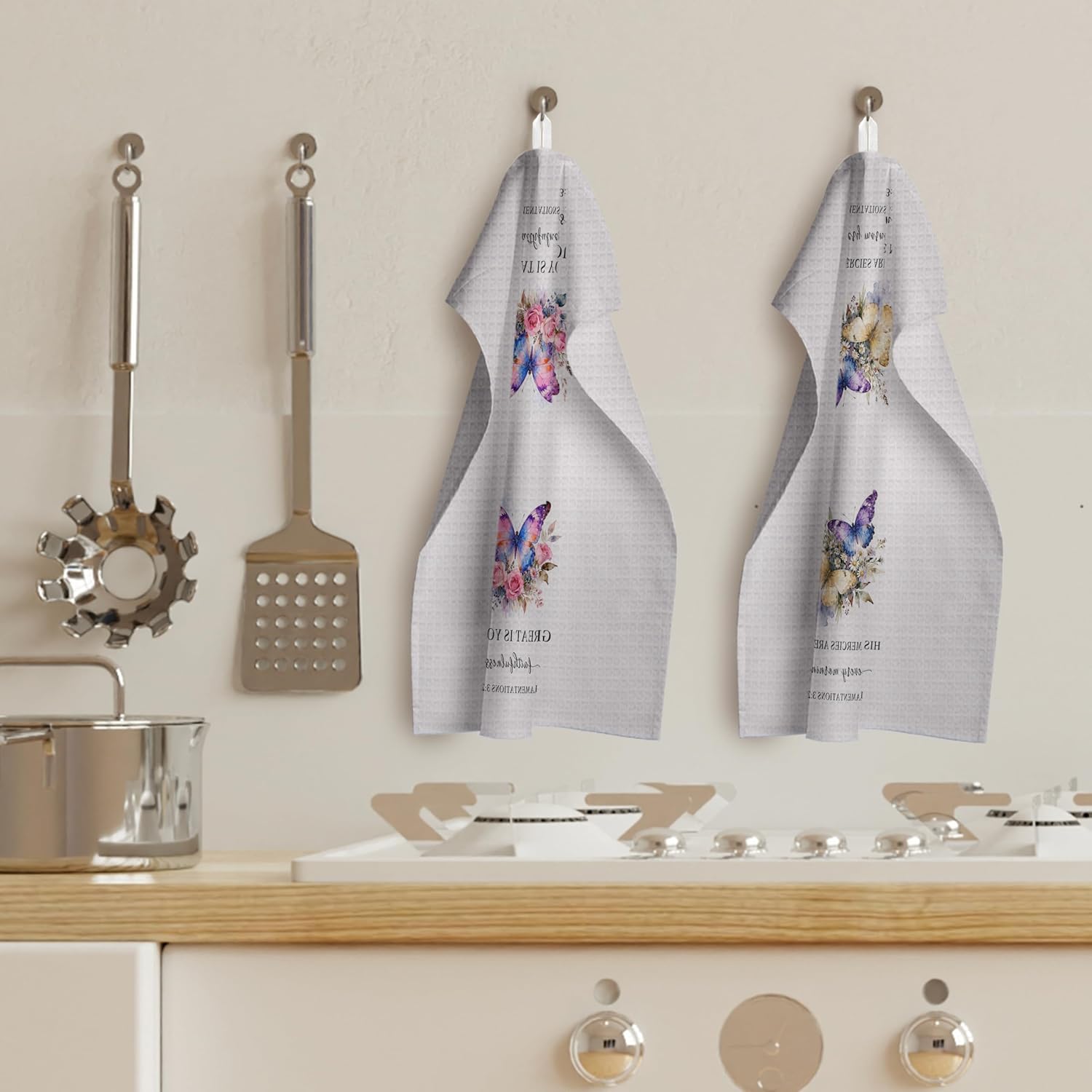 Butterfly Christian Kitchen Decor Set - Floral Christian Gifts Polyester Waffle Decorative Dish Towels, Bible Verse Gifts Hand Towels, Religious Tea Towel, 16x24 Set of 2