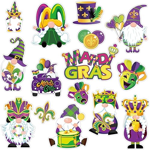Whaline 15 unidades de imanes de Mardi Gras para refrigerador, temática de gnomo de carnaval, calcomanías magnéticas para nevera, calcomanías