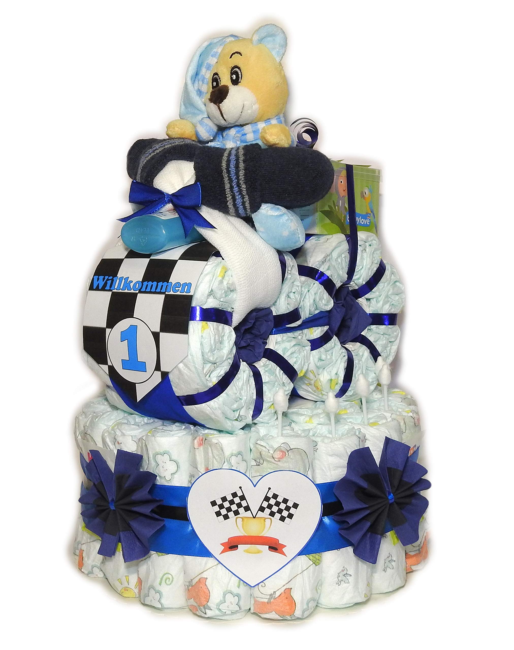 Windeltorte mit Motorrad | Windelkuchen | 58 Stück | Medium | Einweg | Blau | Jungen