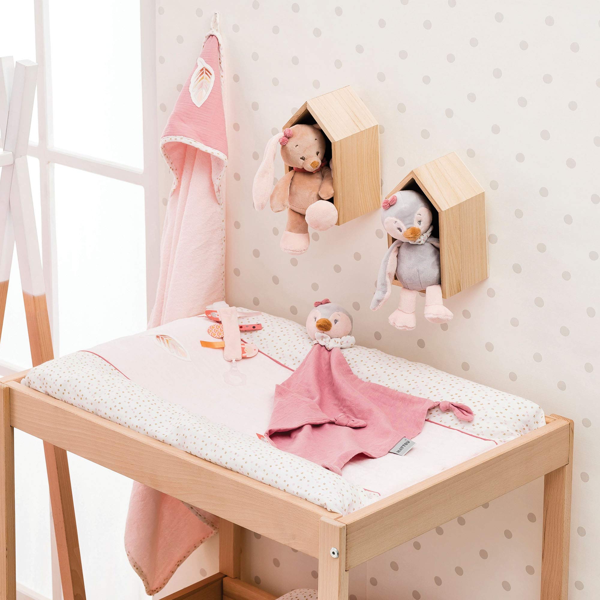 Nattou Serviette de Bain à Capuche et Gant de Toilette avec Motif Plume, 75 x 75 cm, Coton, Pauline et Sasha, Rose/Vieux Rose 244428