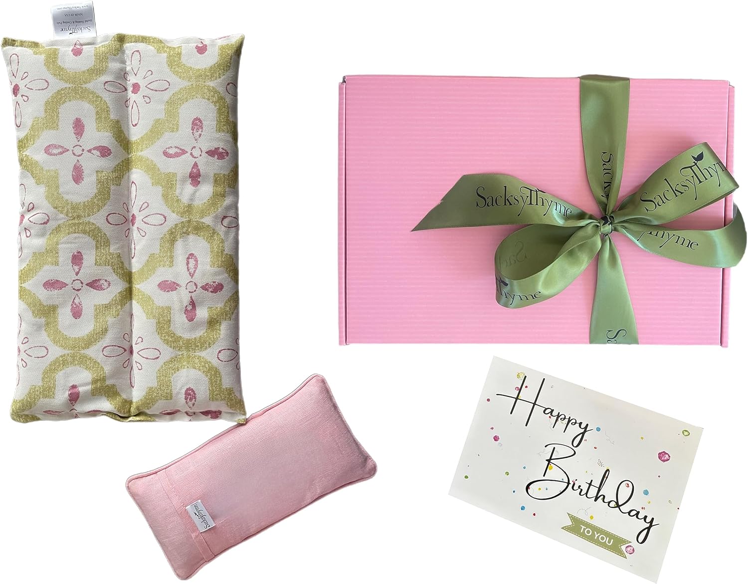 Sacksy Thyme Birthday Gift Set - 2 Piece- Lavender Heating Pad & Linen Eye Pillow - Luxury Happy Birthday Gift Set for Women, Unique Women's Gift Basket, Card for Personalized Message, Heating Pad