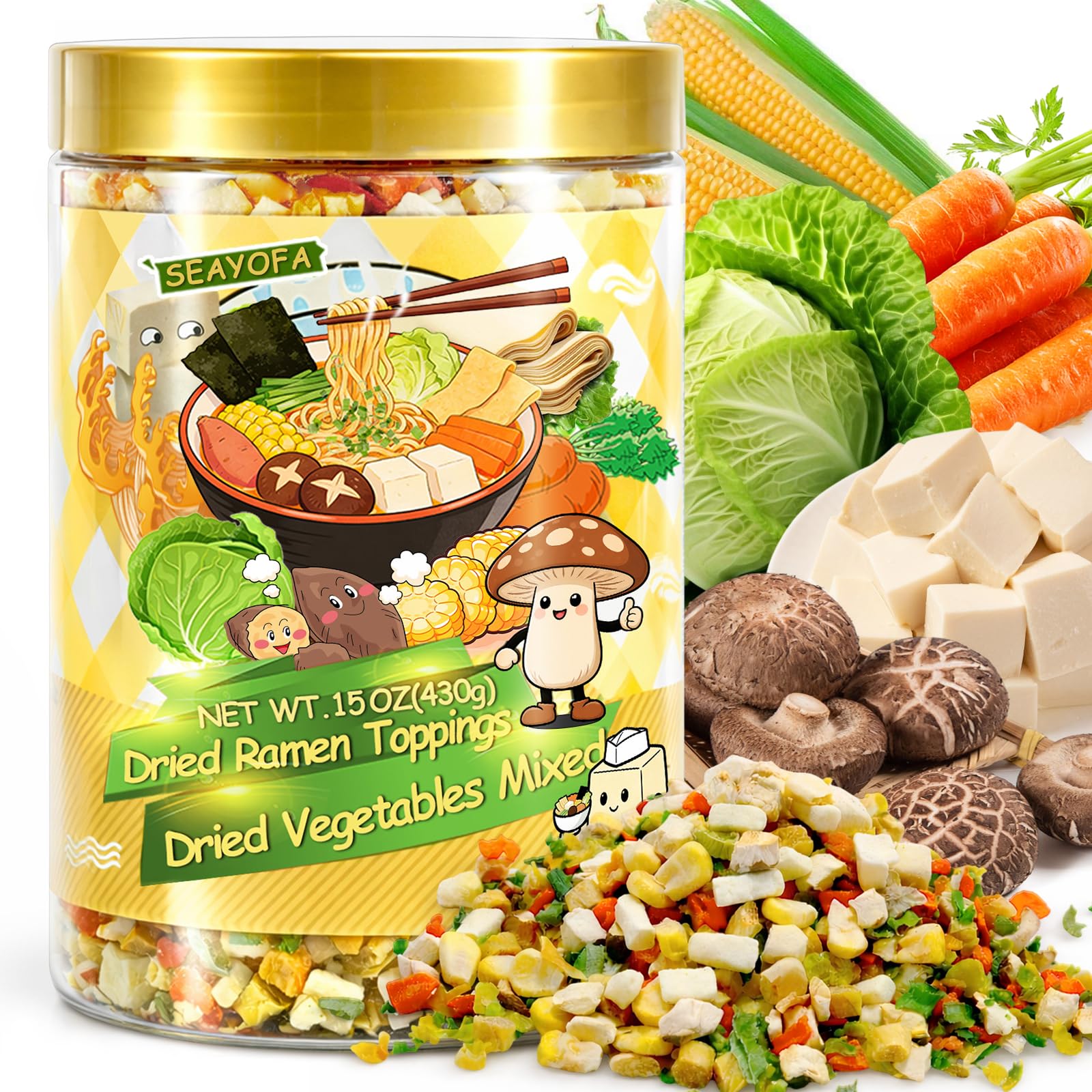 15oz Dried Ramen Toppings – 9 Mixed Dehydrated Tofu & Vegetable with Mushrooms, Carrots & Cabbage, Freeze-Dried Veggies for Soups, Salads, Pizza & Camping Meals