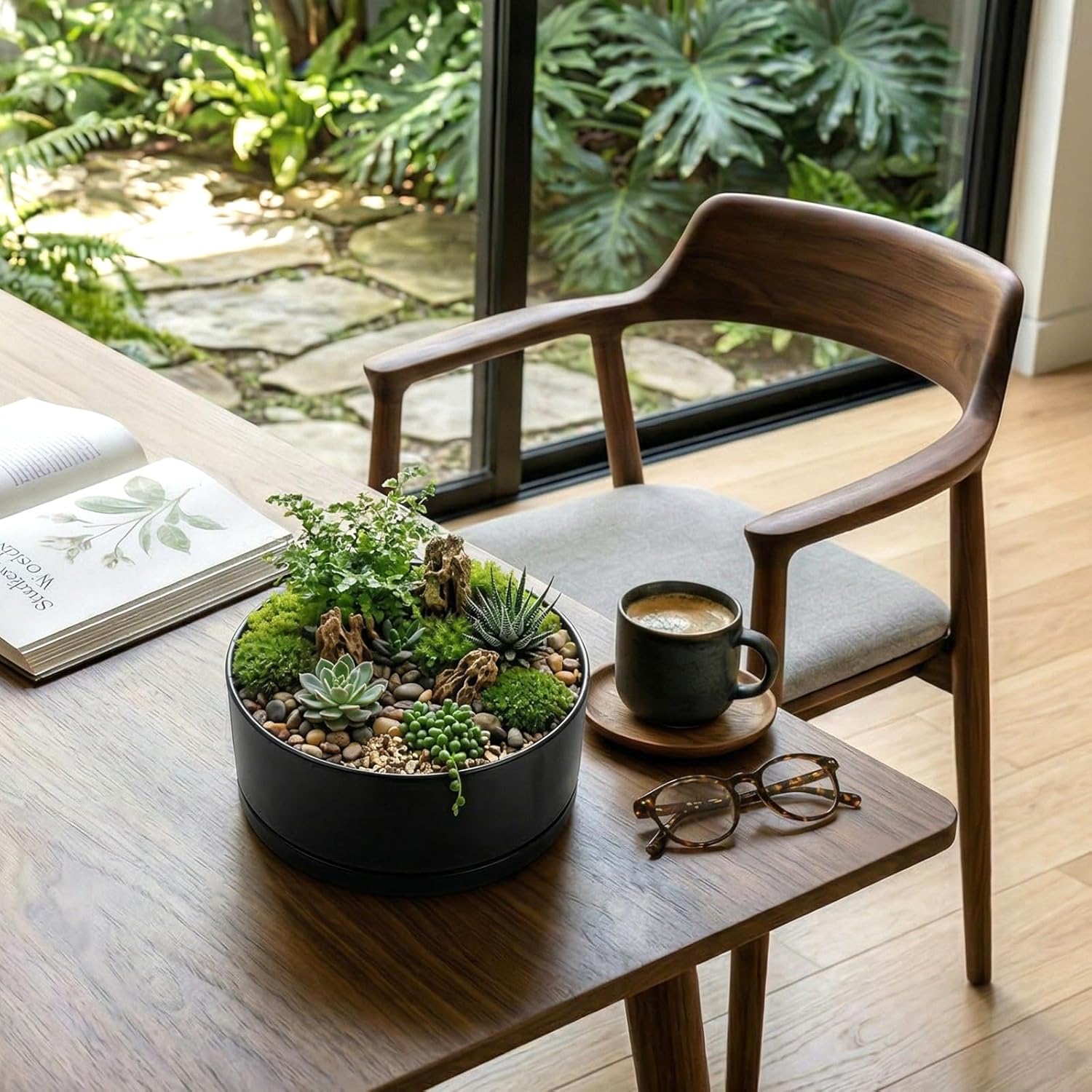 MyGift 8 Inch Black Ceramic Succulent Planter Pot - Decorative Flower Plant Bowl with Removable Saucer