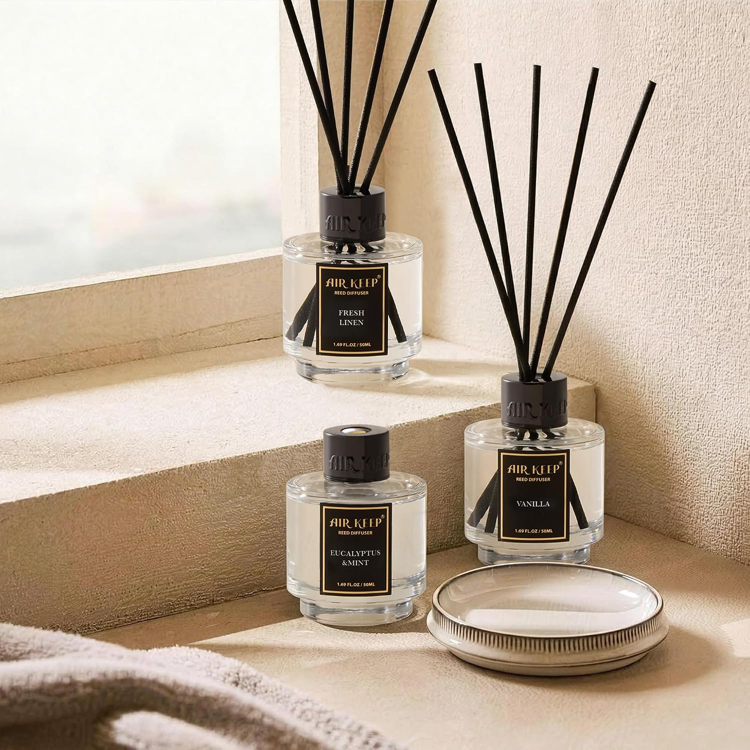 Airkeep Reed Diffuser Set of 3 for Bathroom Air Fresheners, Oil Diffuser Sticks | Fresh Linen,Vanilla,Eucalyptus & Mint Scent(1.7 fl oz*3) Fragrance with 18 Sticks Defusers | Shelf Decor