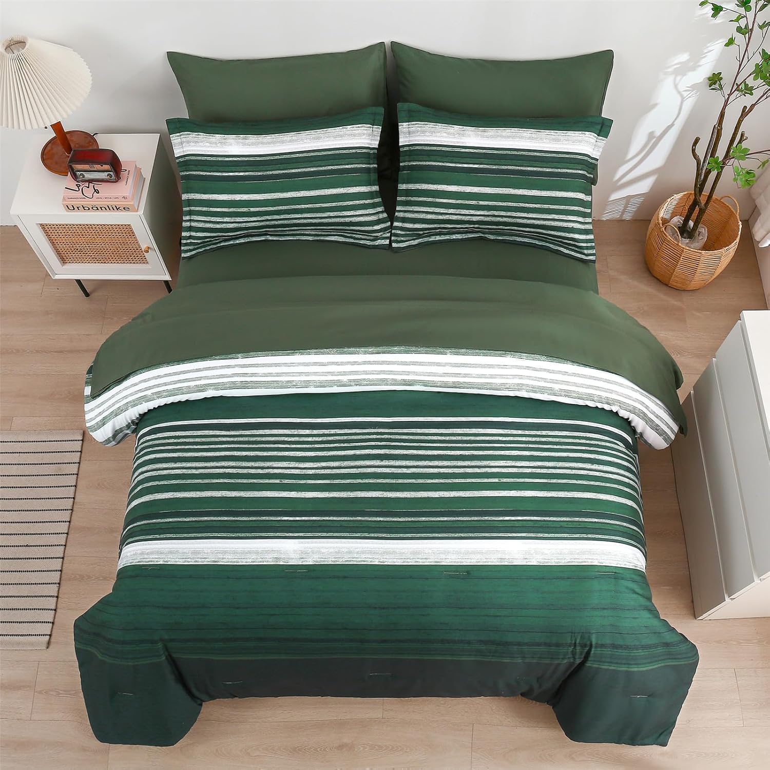 KAKIJUMN 7 Piece Bed in a Bag Stripe Comforter Set Full Size, White Grey Green Patchwork Striped Comforter and Sheet Set, All Season Soft Microfiber Complete Bedding Sets(Dark Green,Full) - Image 3