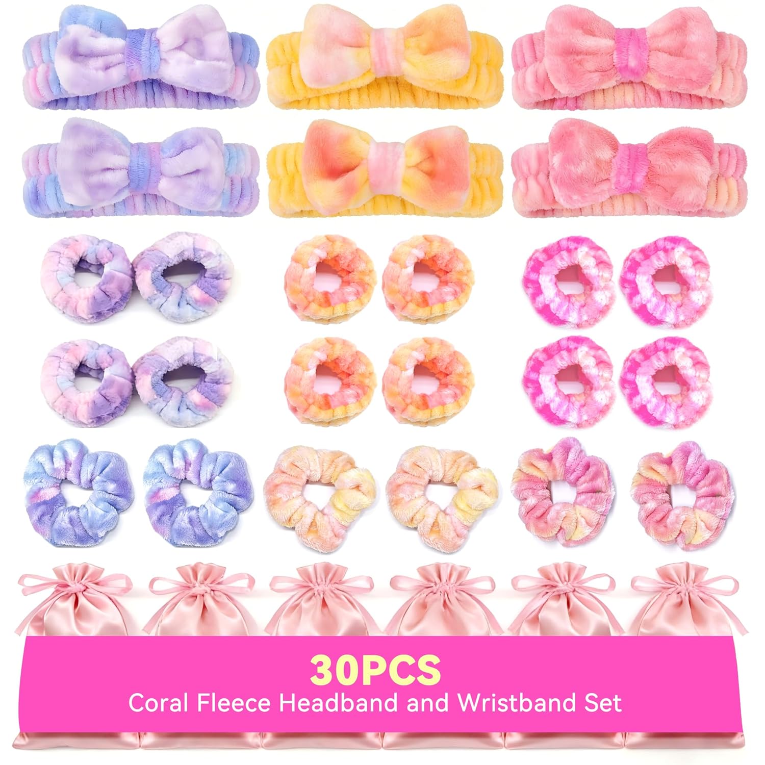 30PCS Coral Fleece Headband and Wristband Set, 6 Soft Makeup Headbands for Washing Face, 12 Absorbent Skincare Wristbands, 6 Ponytail Holders, Purple Pink Yellow with 6 Storage Bags