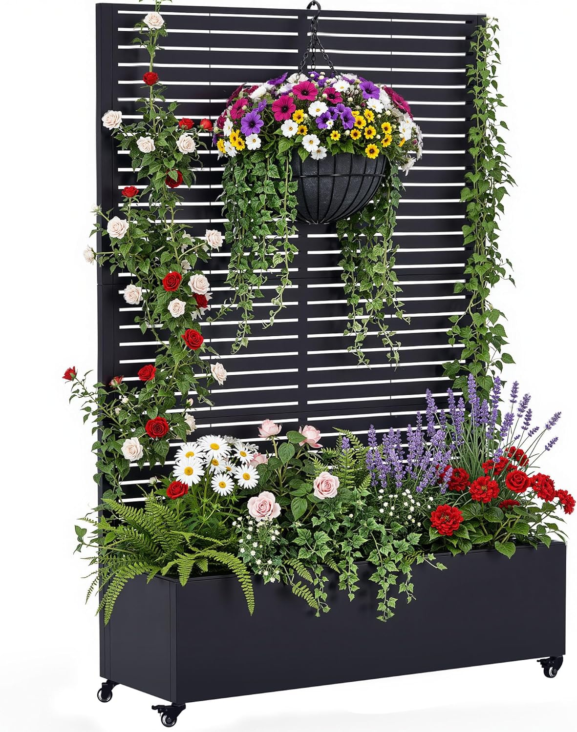 Metal Planter Box with Trellis, Galvanized Steel Raised Garden Bed with Privacy Screen, Lockable Casters, 73"x47"x16" Planter with Drainage Holes for Outdoor Climbing Plants, Vegetables, Patio