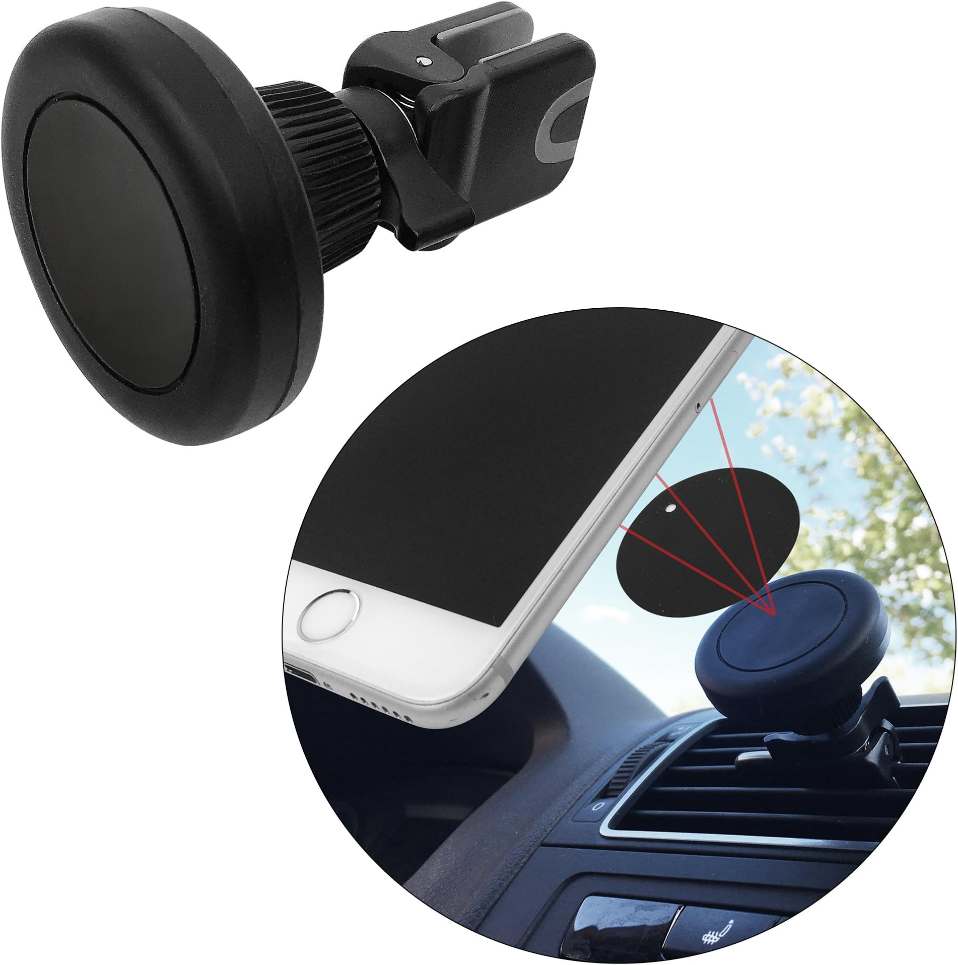 PRIME Air Vent Magnetic Car Mount Holder Cradle Grip- Fast Snap For All Smartphones Mini Tablets Cell Phones GPS Mobile Devices- One Touch Stick On Dash Board, Safe Strong Slim- Black 2 Metal Plates
