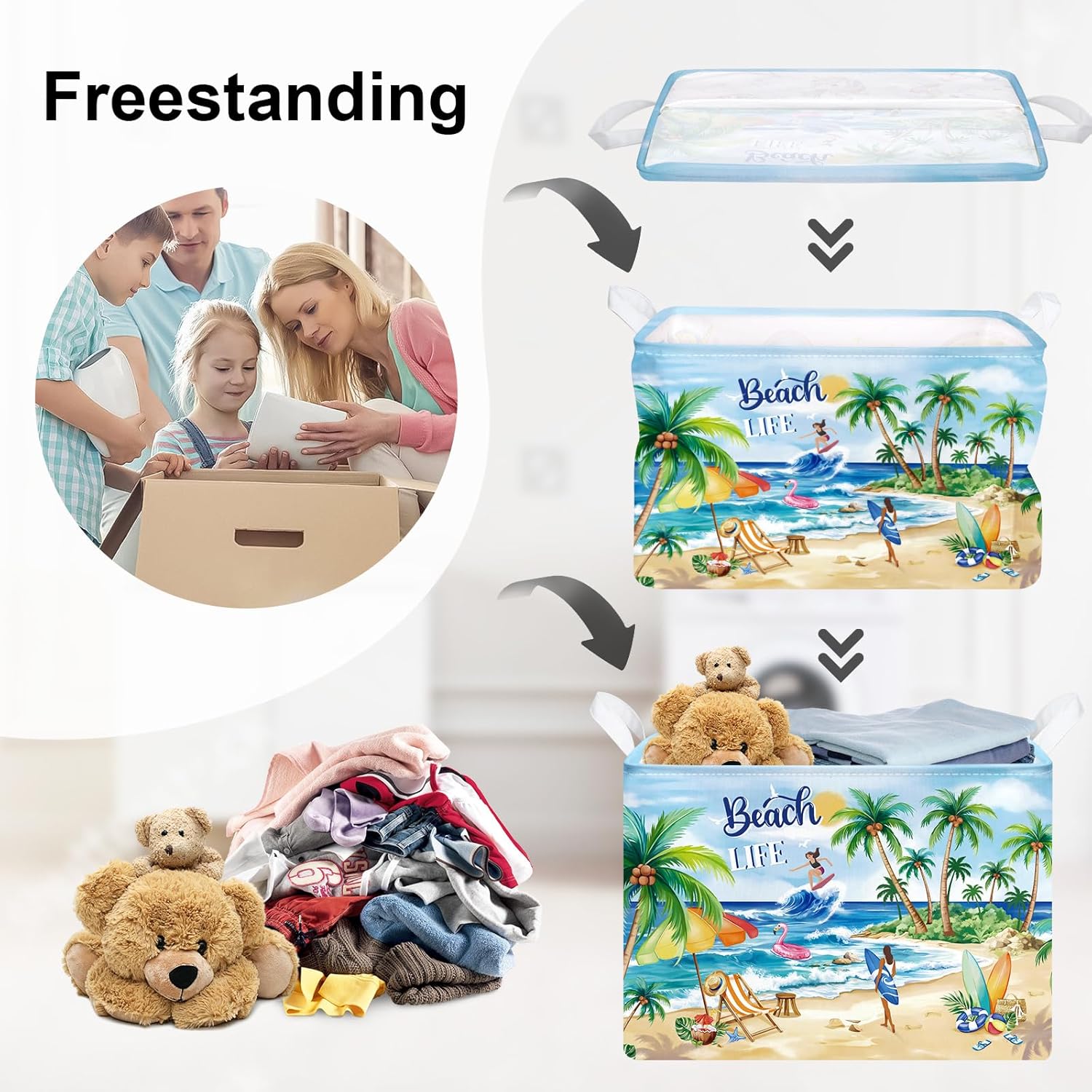 Summer Tropical Beach Laundry Hamper Palm Tree Large Storage Basket Collapsible Picnic Basket Adult Organizer Kids Clothes Toy Bins for Sand, Outdoor, Surfing, 36L
