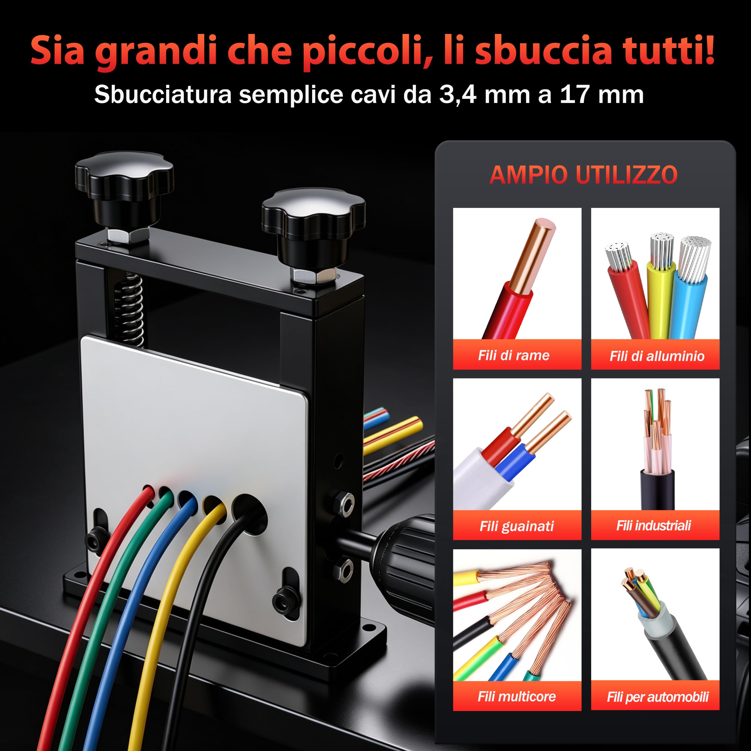 Spellafili Elettrici 3–17 mm, Macchina Spelafili per Rame con Manovella o Trapano, Spelacavi per Riciclo Fili Elettrici con 6 Canali e 5 Lame, Spelafili Professionale (Nero)