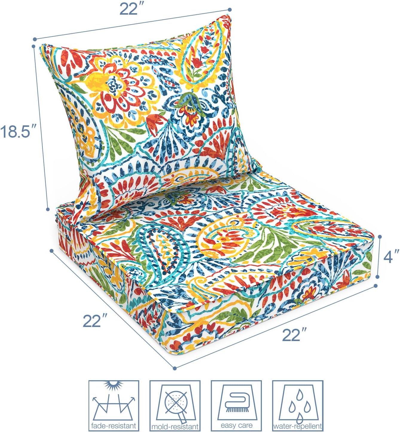 LVTXIII Outdoor Seat and Back Cushion Patio Deep Seat Cushion Set Seasonal Chair Cushion for Wicker Chairs and Garden Furniture Decoration, 22"x22"x4", Paisley Multi