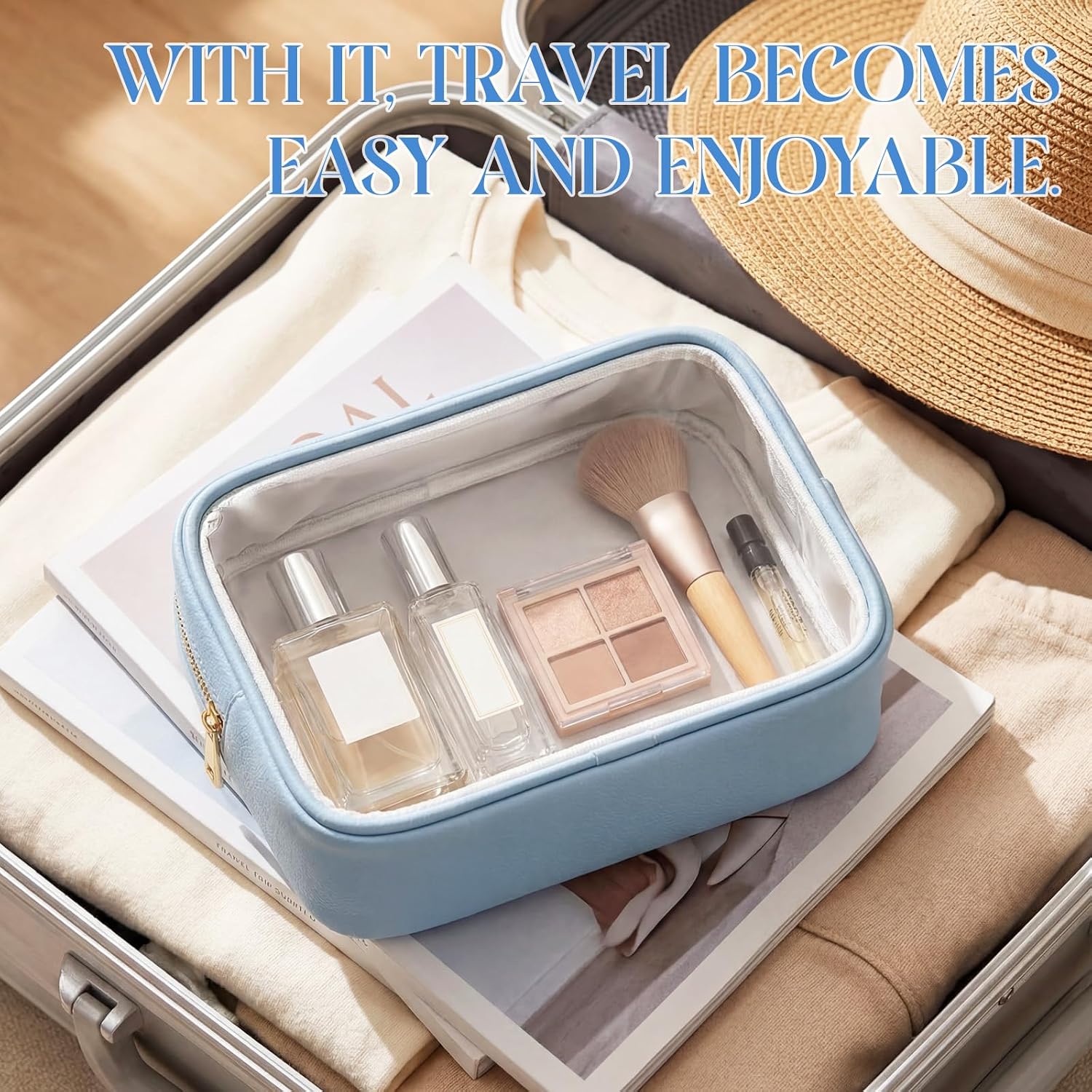 Abbylike 6 Pcs Clear Makeup Bags Bulk PU Leather Cosmetic Pouches Transparent Toiletry Bags with Zipper Waterproof Purse Skincare Car Organizer for Girl Women Travel Gifts(Lake Blue)