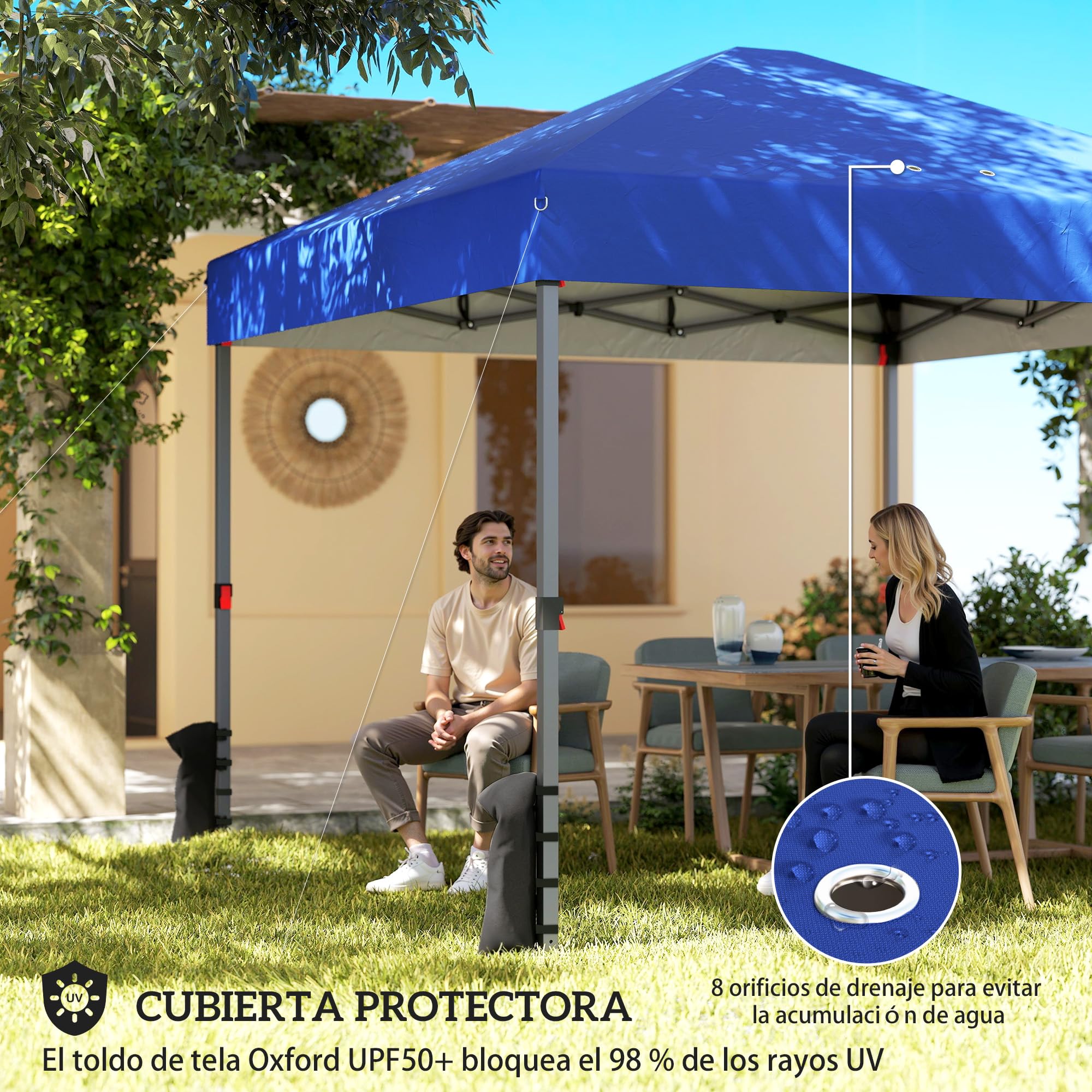 Outsunny Carpa Plegable 3x3 m Pop-up con 3 Paredes Laterales UPF50+ Azul | Cenador Pabellón de Jardín, 2 Ventanas Malla, Altura Ajustable 3 Niveles, Bolsa Transporte, Sacos Arena, Gazebo Exterior