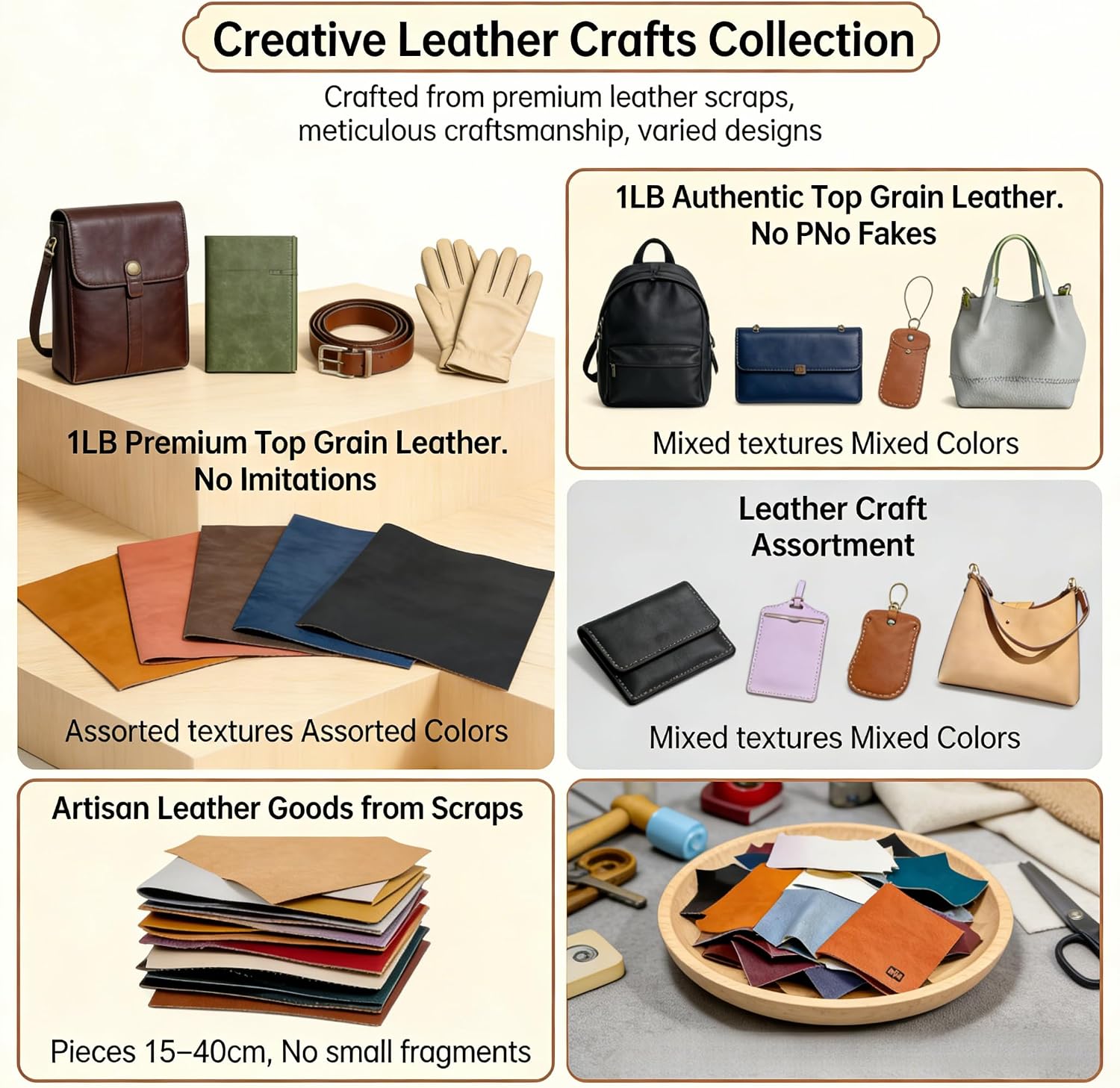 Diverse Color 1LB Leather Offcuts | Sturdy & Durable Top Grain Cowhide | Usable Sizes 15–40cm|Assorted Textures for Creative DIY Leathercraft(Crazy Horse,Full Grain & Vegetable Tanned Leather)