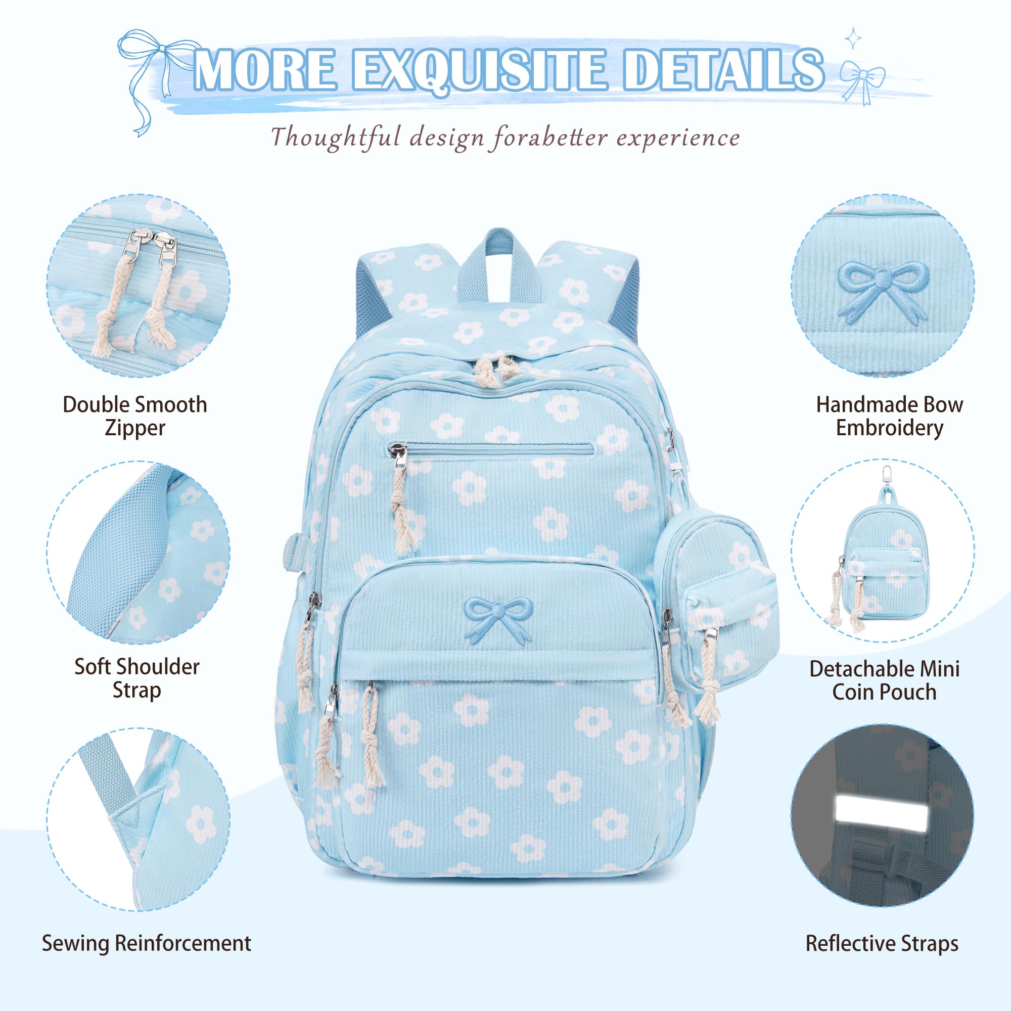 DIGOBAY Cord-Rucksack, Blaue Blumen, Medium, Classic