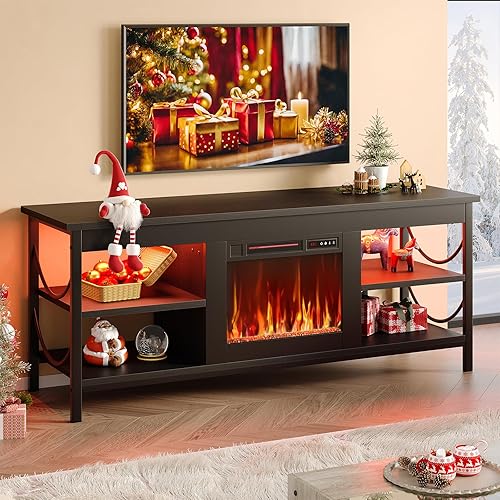 Electric Fireplace TV Stand for TVs up to 65", LED Entertainment Center with Open Storage Shelves for Living Room, Bedroom, Black