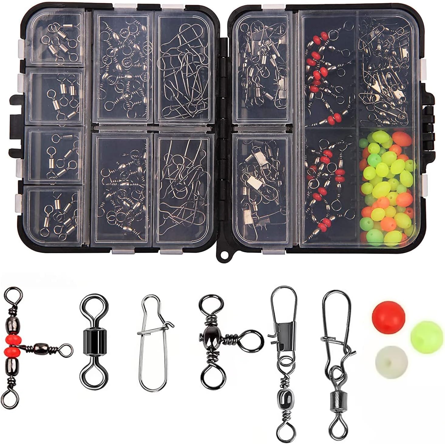 MAKINGTEC 140PCS Fishing Tackle Accessories, Fisherman's Swivel Set Versatile Fishing Attachments Bead and Swivel Combo Triple Swivel Fishing Kit Versatile Fishing Attachments for Saltwater Freshwater