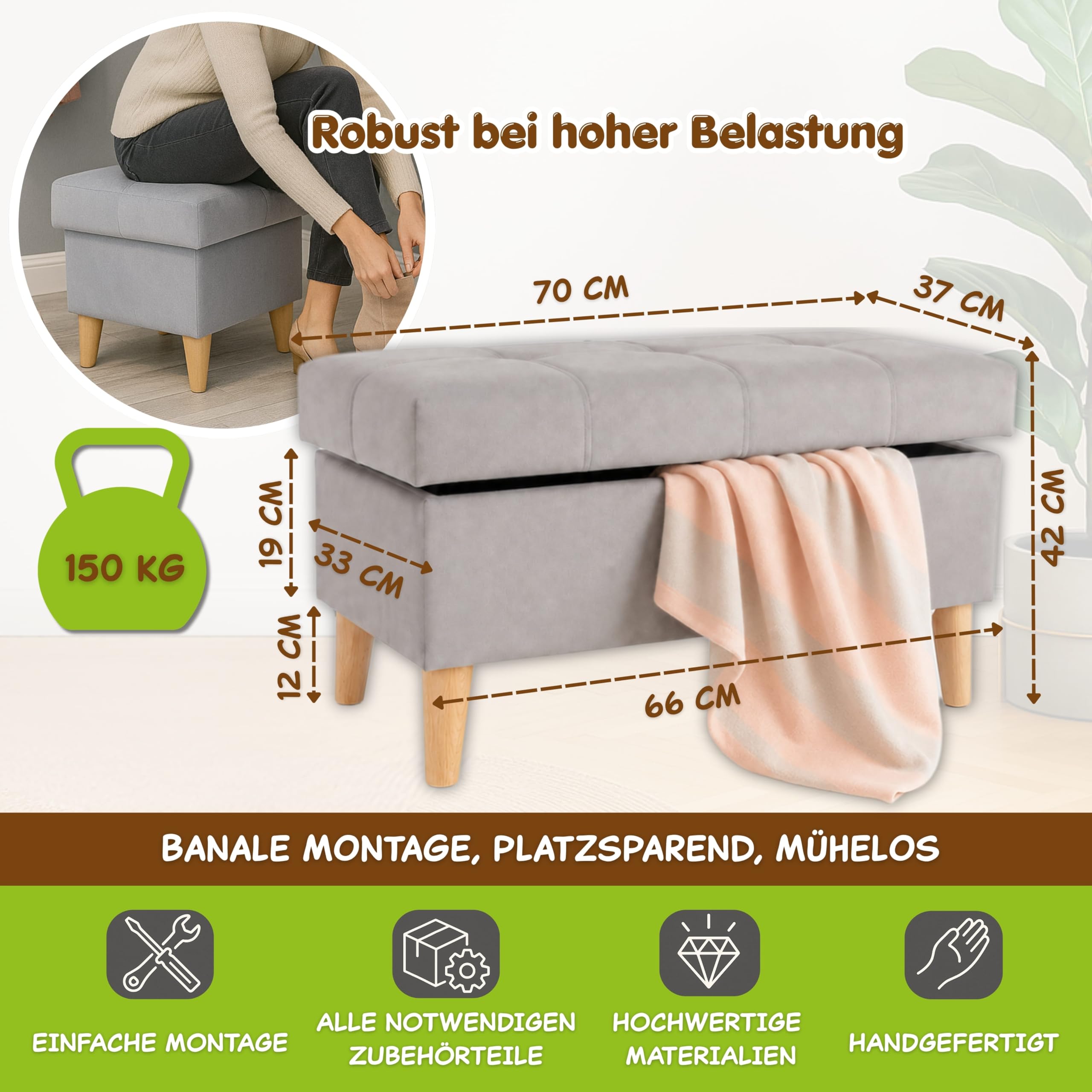 Outentin Gepolsterter Velvet Puff – Hocker & Sitzwürfel mit Stauraum, klappbarer Fusshocker und Fußablage für Wohnzimmer & Flur – Stabiler Sitzhocker mit Buchenfüßen, 70 × 42 × 37 cm, Grau Ottoman