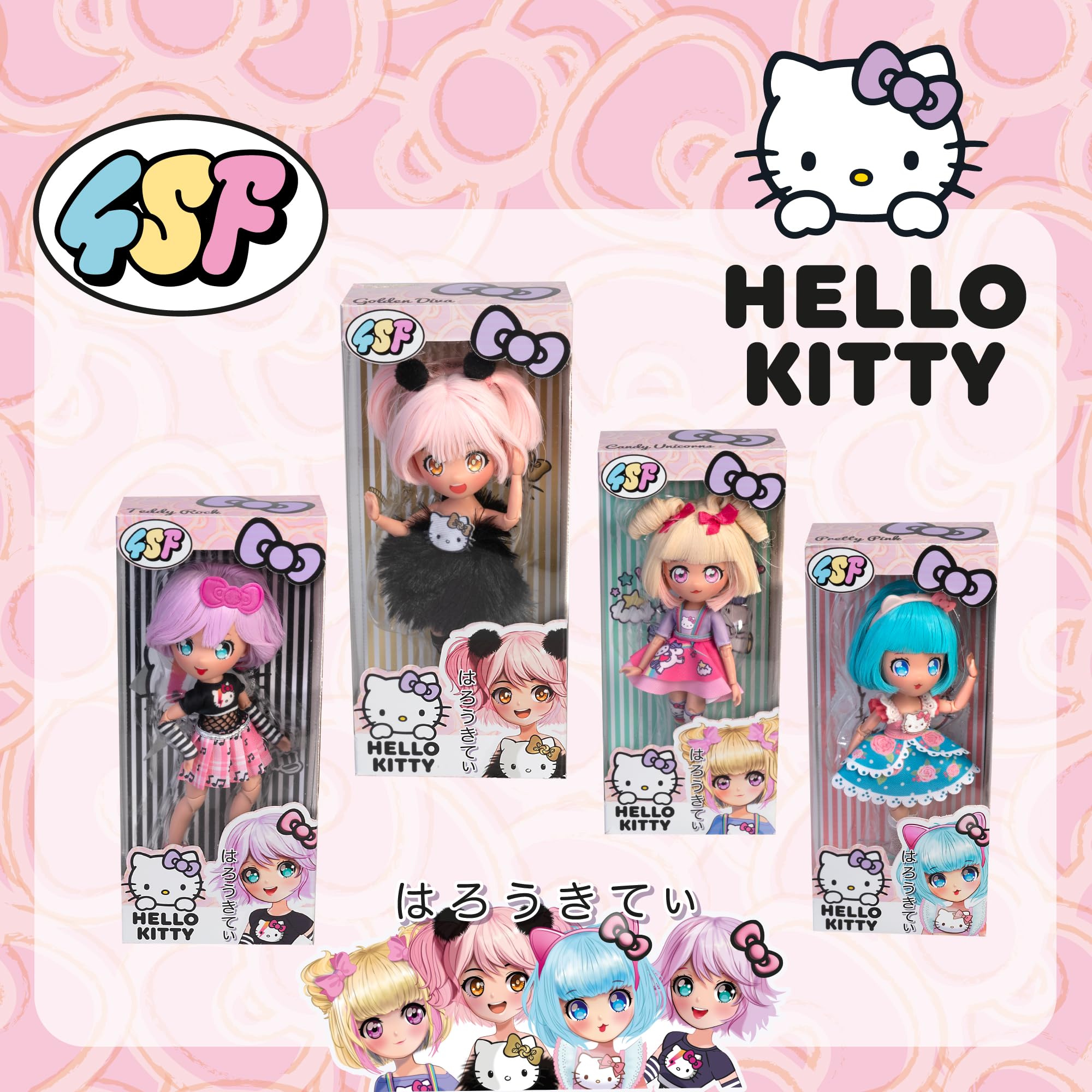 4SF - Hello Kitty Manga Doll Candy Unicorn, Muñeca Fashion Japonesa con Looks a la Moda Manga, Figura de 19,5 cm con 15 Puntos de Articulación, Pelo Rubio, Accesorios Incluidos, Famosa (HKTF0400)