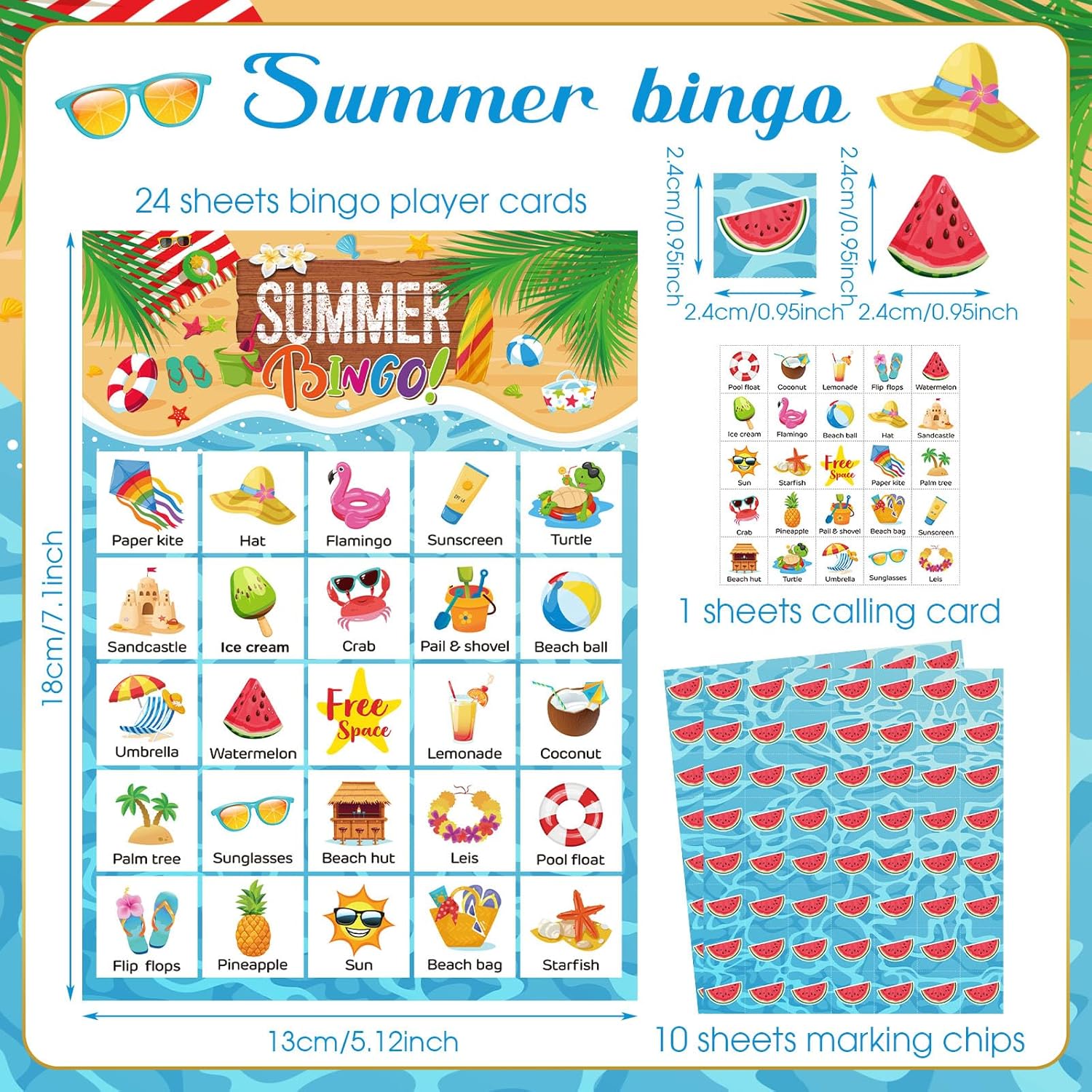 Liliful 35 Pcs Summer Bingo Games 24 Players Beach Party Bingo Cards Hawaii Party Games for Boys Girls Adults Family Classroom Activities Tropical Beach Luau Party Favors Supplies