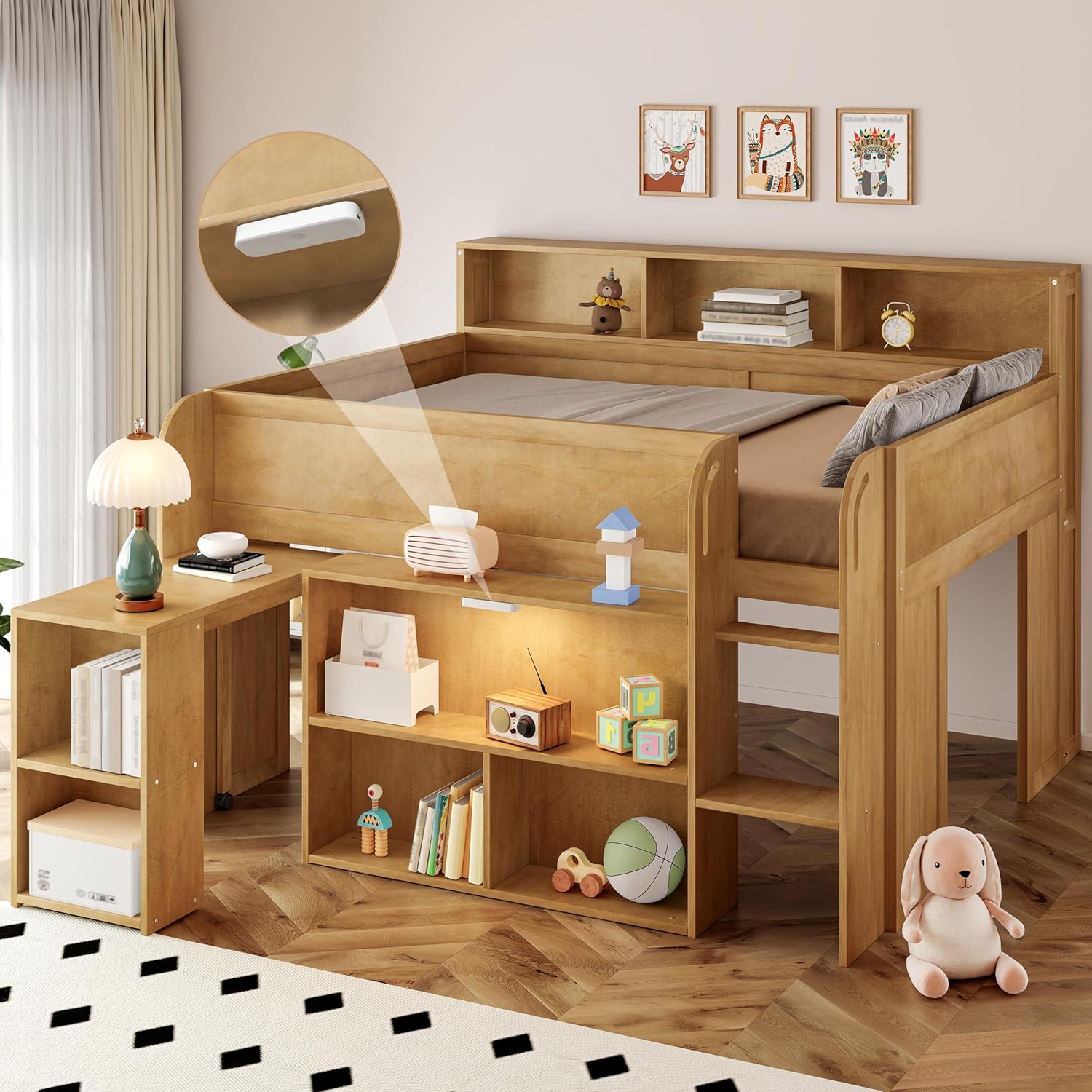 Full Size Low Loft Bed with Play Area Under, Playhouse Loft Bed Frame with Storage Shelves and Desk, Wood Kids Bed with Play Space and LED, Walnut