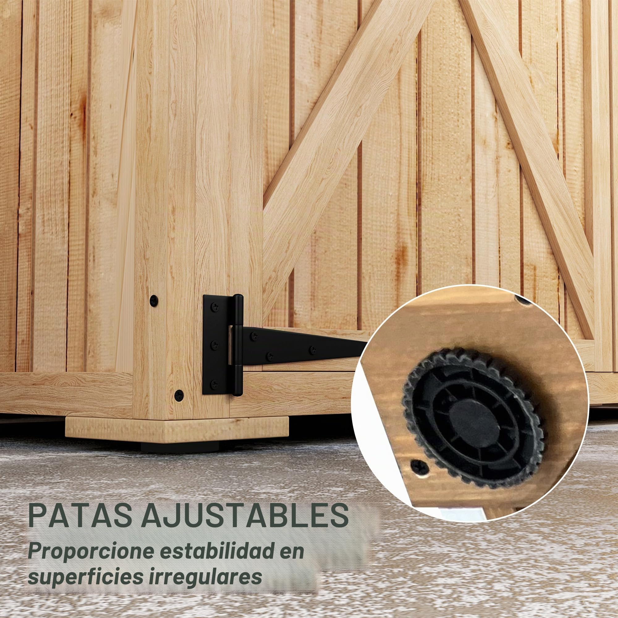 Outsunny Cobertizo jardín madera con armario y techo asfalto Natural | 2 estantes, para equipo de jardín, cobertizo de herramientas exterior, puertas dobles