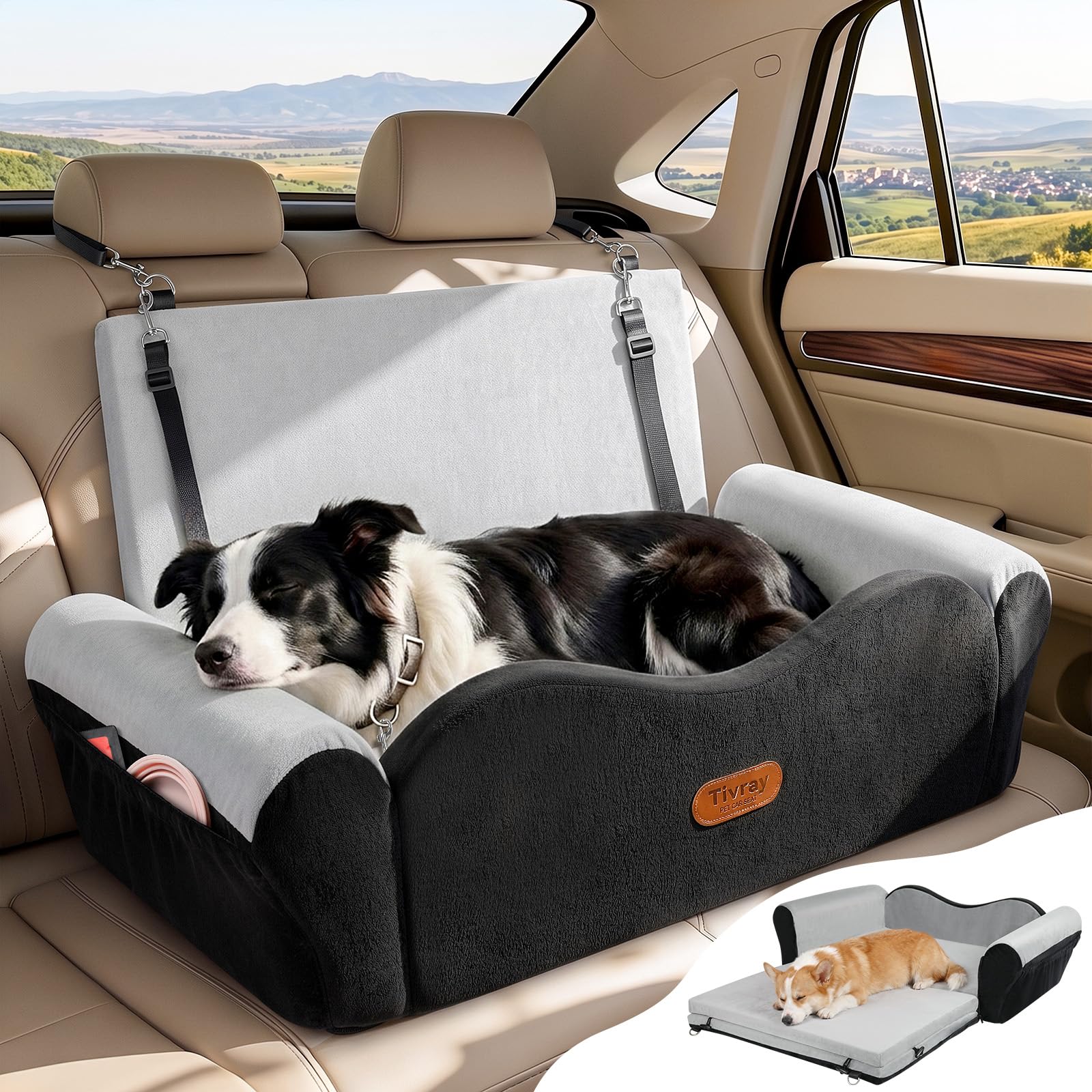 Tivray  Groß Hunde Autositz für 2 kleine Hunde bis zu 27kg，Schwarz+Grau | 10cm Memory-Schaum-Hundesitzerhöhung mit Kopfstütze und Armlehne, 2 Taschen, 3 Sicherheitsgurte, abnehmbar & waschbar