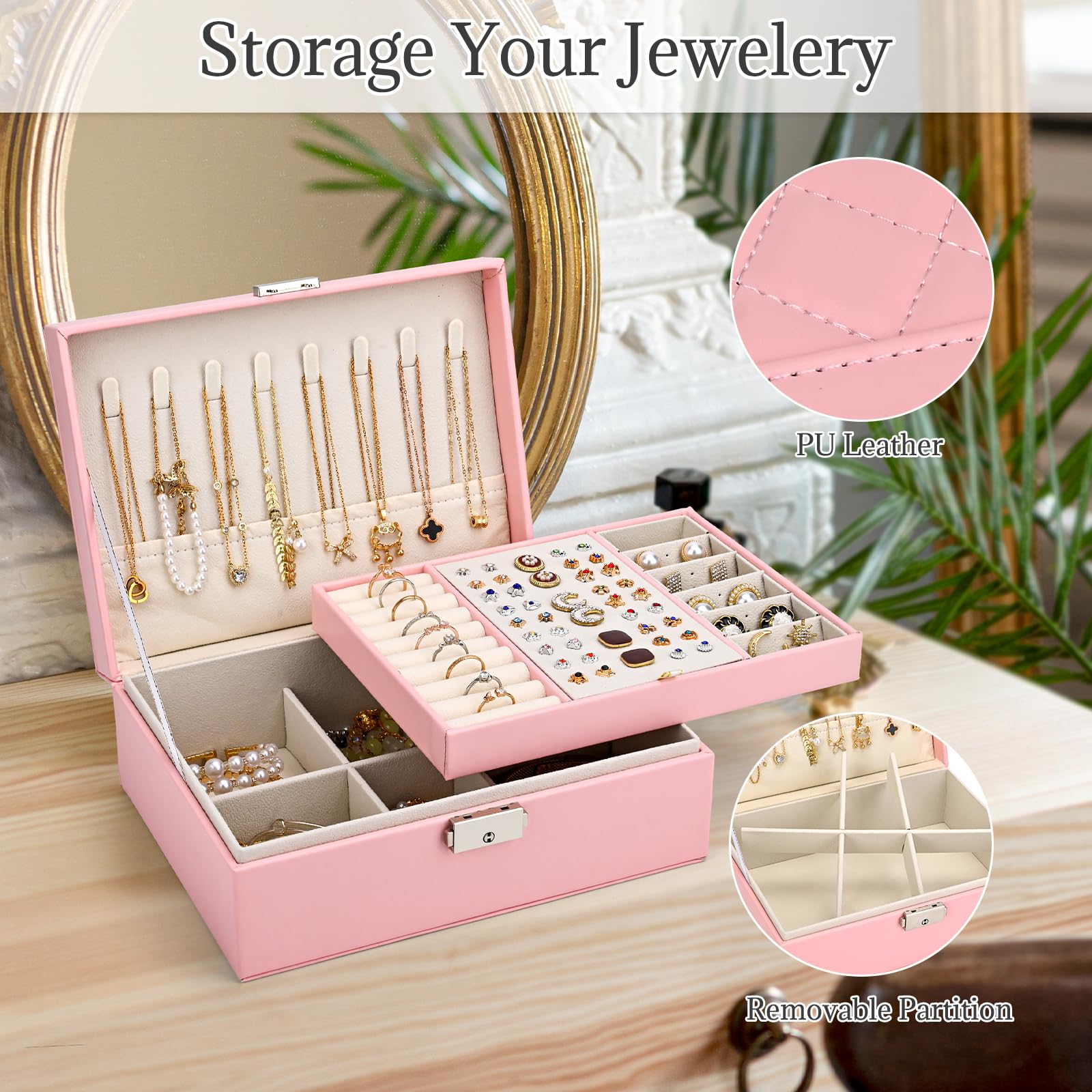Eucomir Porta Gioielli Donna, Porta Gioielli da Viaggio Grande Gioielli Scatola Organizer 2 Strati Porta Gioielli Bambina in Pelle PU per Anelli Bracciali Orecchini Collane,Rosa Chiaro