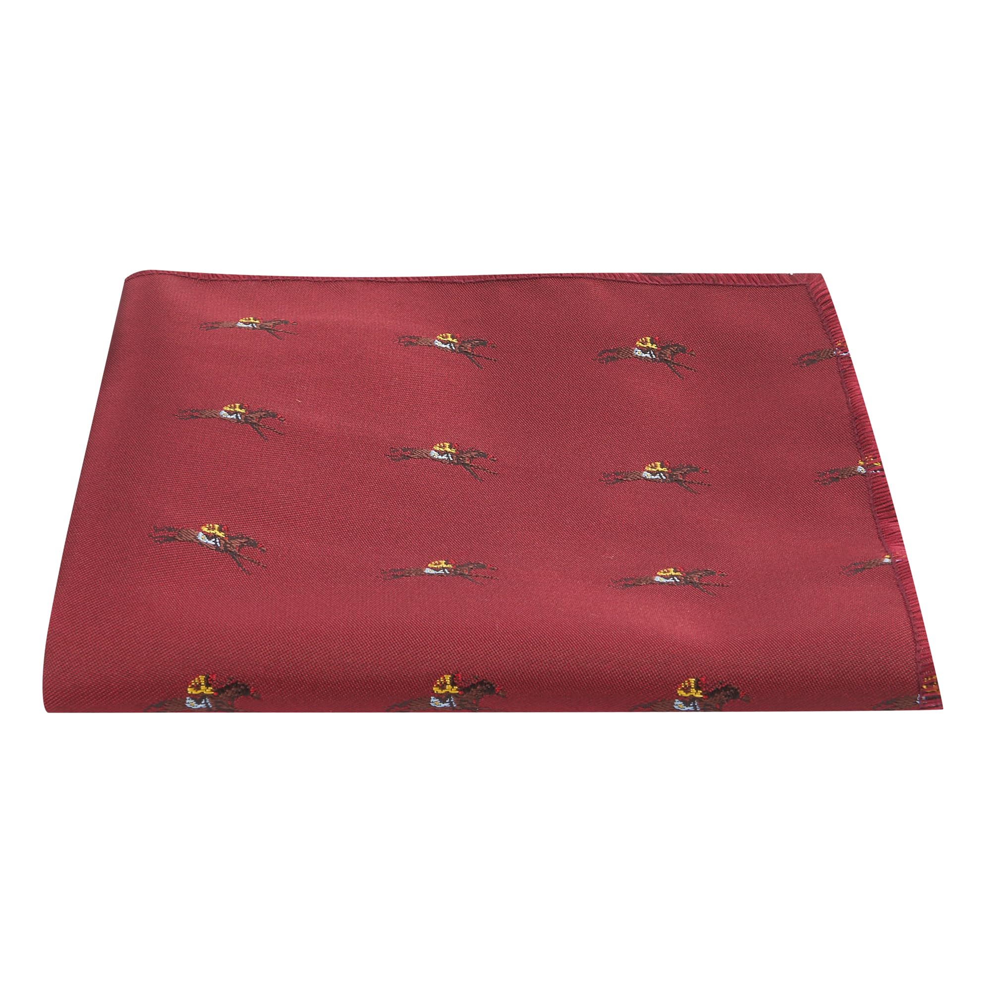 Burgundy Red Embroidered Horse and Jockey Pocket Square, Handkerchief