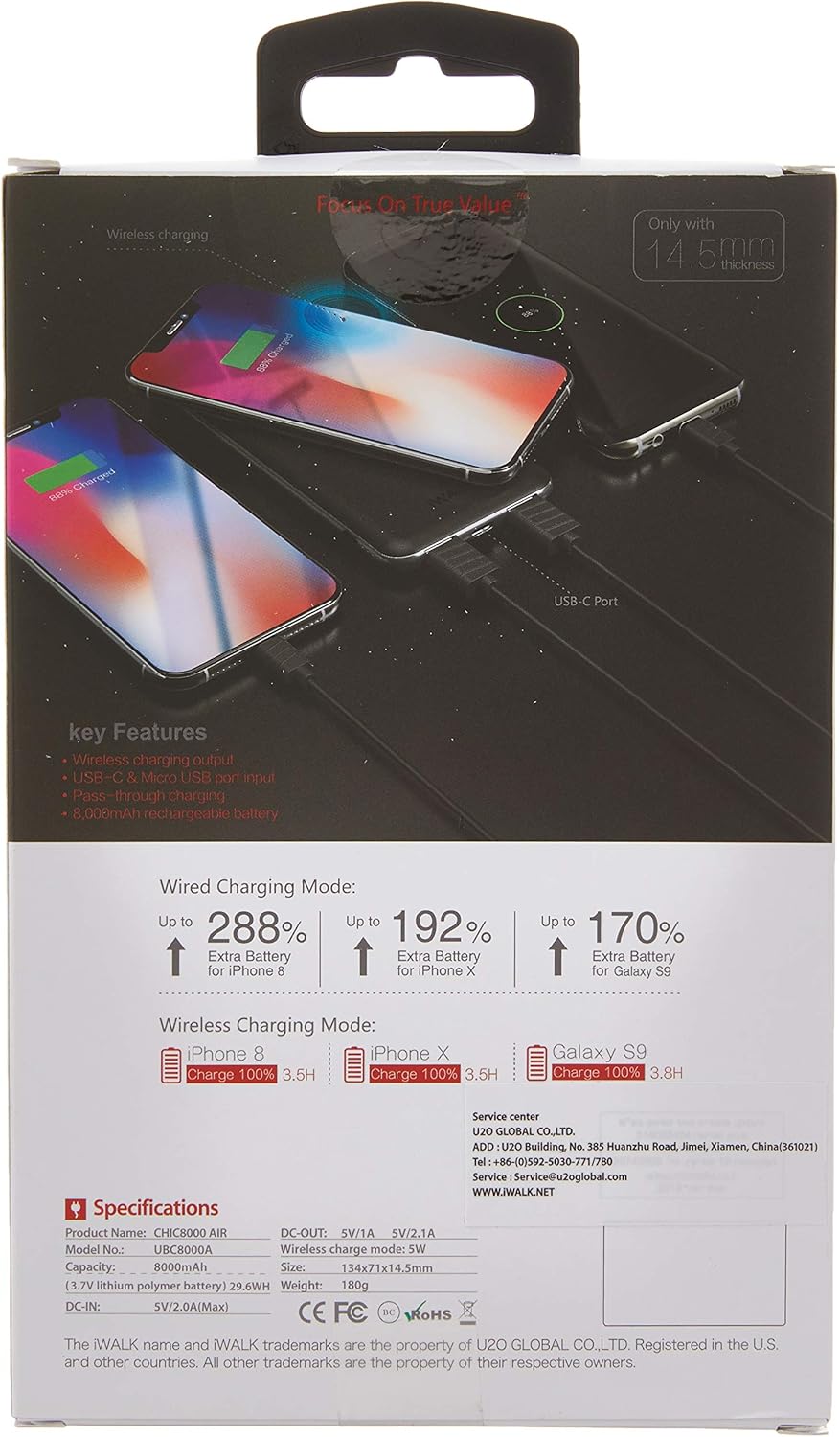 Back of iWalk Chic Air Wireless Power Bank packaging showing key features and specifications