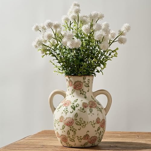 Ceramic Vintage Pastoral Vase with Handles, 7 Inch Chinoiserie Floral Vase, Retro Ice Cracked Rustic Farmhouse Vases for Home Decor, Living Room, Bookshelf, Office, Tuscan Decor, Red Rose