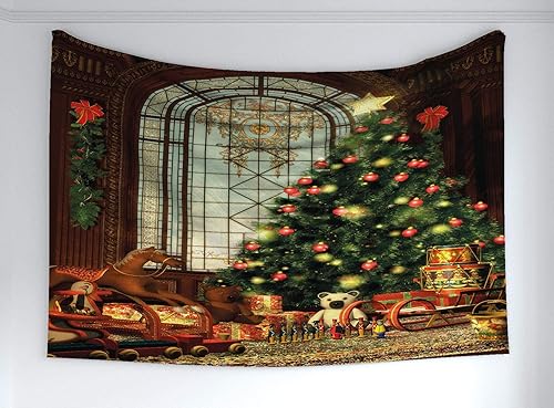 Ambesonne Tapiz de Navidad, ambiente vintage, gran ventana antigua, árbol de Navidad, varios regalos, decoración de tela para colgar en la pared