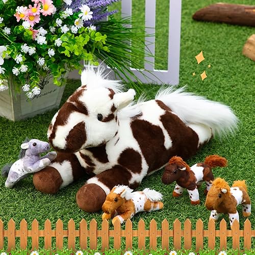 Miniatura 4 de Lenwen 5 piezas de animales de peluche de caballo de 18 pulgadas grande mamá caballo de peluche con 4 bebés en cremallera para nutrir el vientre