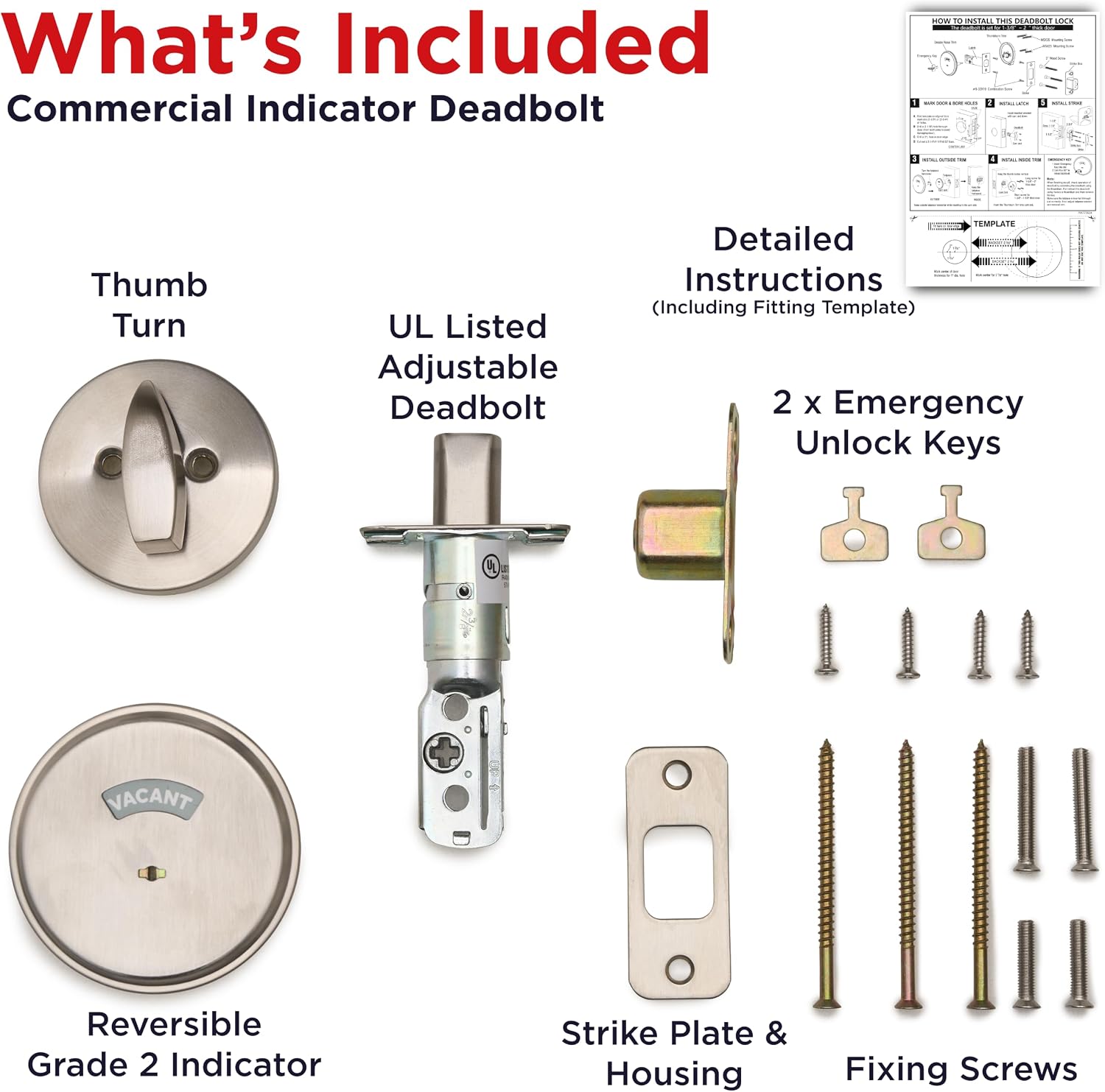 Commercial Grade Vacant Occupied Bathroom Lock Deadbolt for Restaurants, Hotels, Offices, Adjustable Backset (Silver)