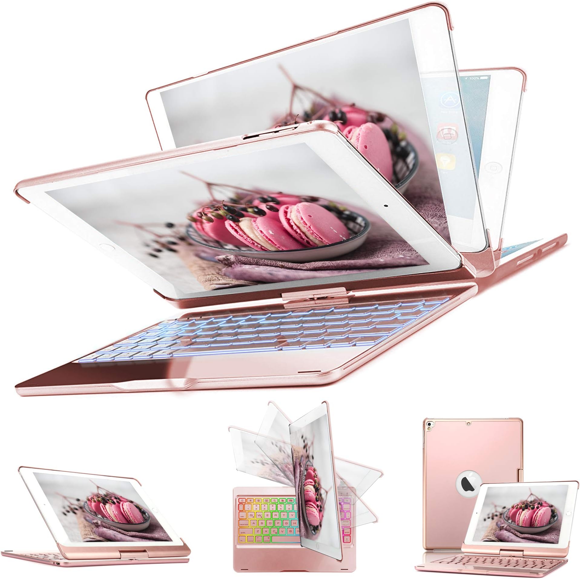 Keyboard Case iPad 2018 9.7" (6th Gen) - iPad 2017 (5th Gen) - iPad Pro 9.7" - iPad Air 1 2, 360° Rotatable 7 Color Backlit Keyboard Auto Wake/Sleep (Rose Gold)