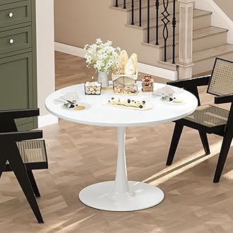 LTTROMAT 32 Inch Round White Tulip Dining Table W/0.71" Thickness & Metal Pedestal Base for 2 to 4 People, Modern Kitchen Leisure Circle Coffee Table